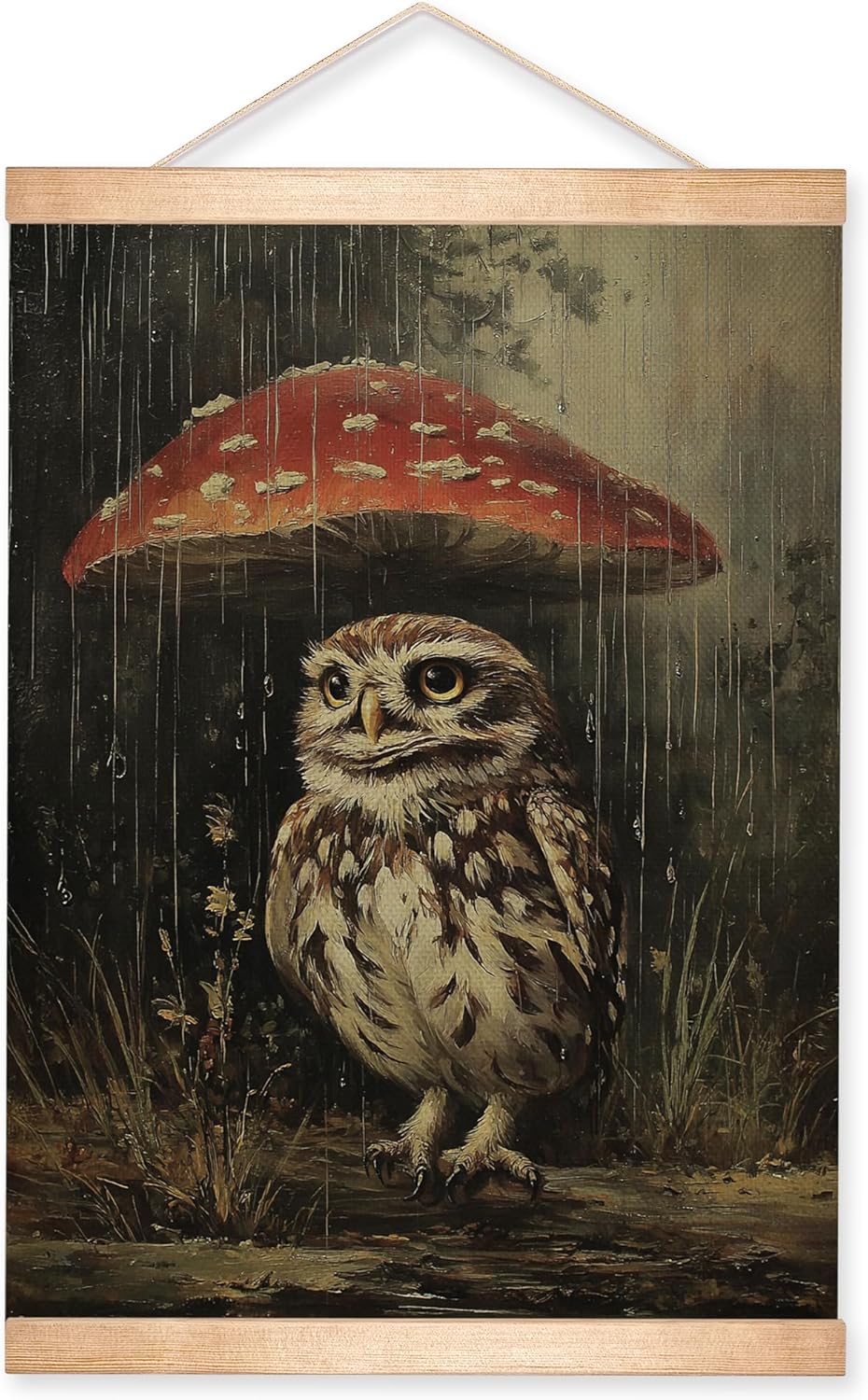 HEYJEEPER Owl and Mushroom Wall Art,14x18inch Gothic Animal Canvas Poster with Wood Hanger,Vintage Owl Home Wall Decor for Bedroom,Living Room,Gothic Lovers Gift