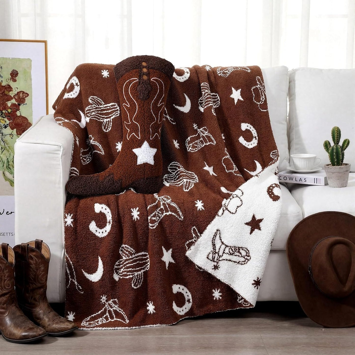 Western Cowboy Throw Blankets Pillow Set Include Brown Horse Shoes Cactus Beach Blanket 50 x 60 Inch and Cowboy Boot Plush Throw Pillows Cushion for Couch Sofa Bed Decoration