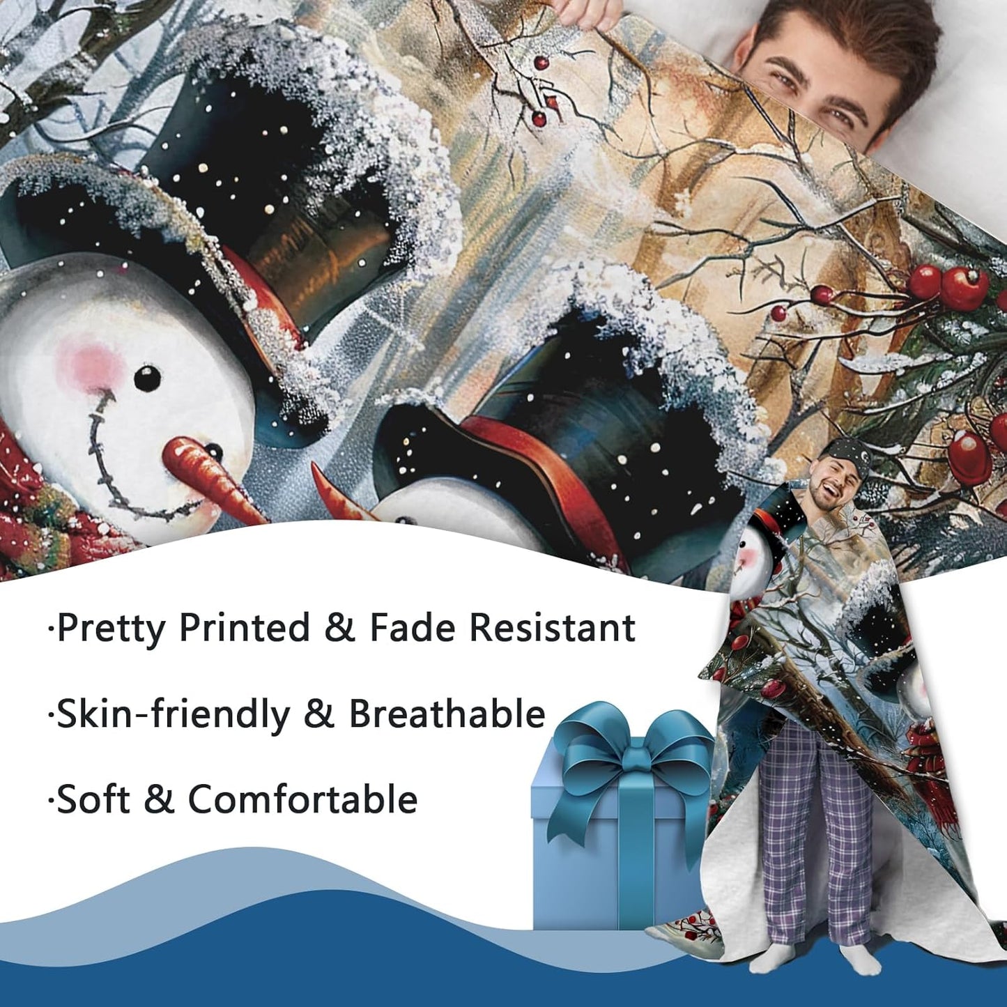 Winter Snowman Flannel Throw Blanket, for Kids Men Women, Forest Red Berry Soft Blankets for Bedding Sofa 50 x 60 Inches
