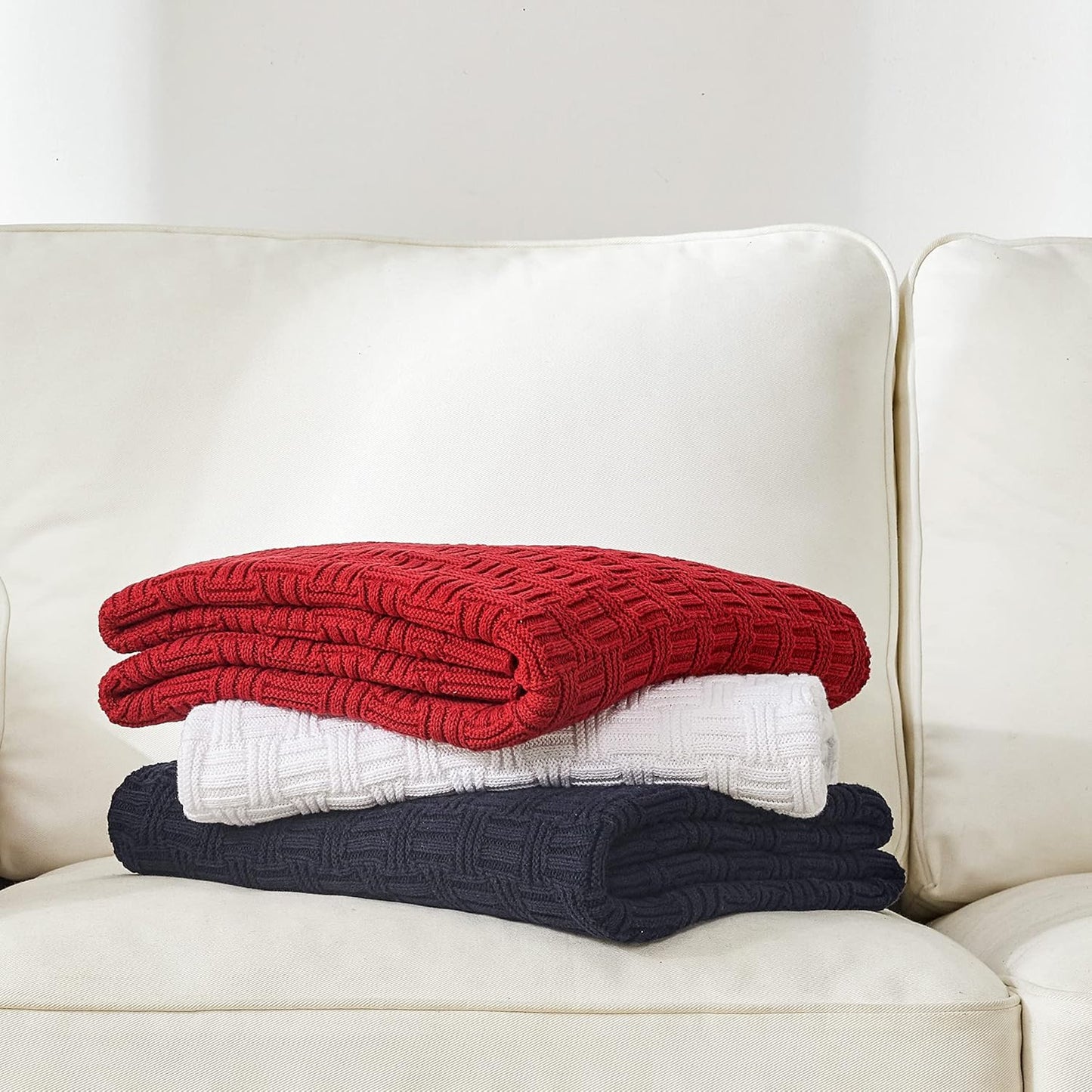 Cotton Red Knit Throw Blanket for Couch Sofa Beach Chair Bed Home Decorative Soft Warm Cozy Cable Lightweight Knitted Blankets, 50 x 60 Inch