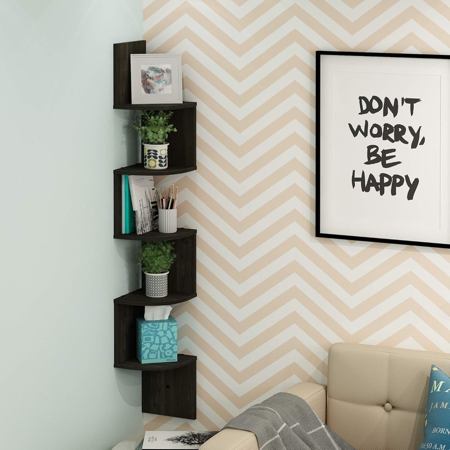 Furinno ROSSI Floating Book Shelves for Wall, 5-Tier Zigzag Corner Shelf Wall Mounted, Radial Corner Floating Shelf, for Living Room, Bedroom, Bathroom, Home Office, Espresso
