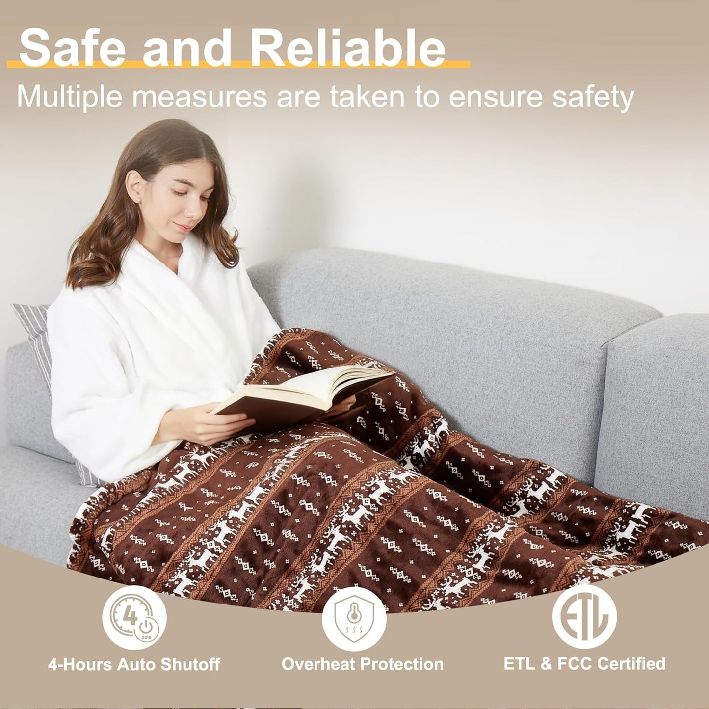Gintao Electric Heated Blanket Throw,Double Flannel Electric Throw with 3 Heating Levels,ETL&FCC Certified, 4H Auto Off Overheat Protection,Heating Blanket for Home Office, 50"x60"Brown