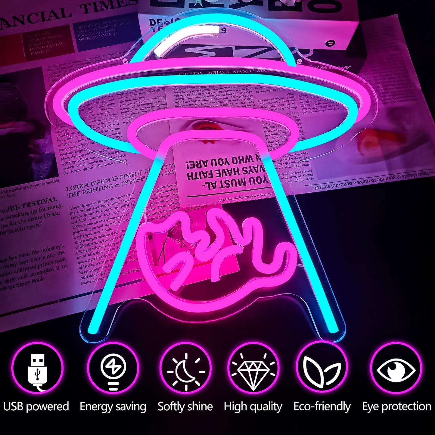 UFO Cat Neon Signs for Wall Decor Cat Neon Light USB Powered Dimmable Flying Saucer Light up Sign for Bedroom UFO Alien Night Lamp for Christmas Birthday Gifts