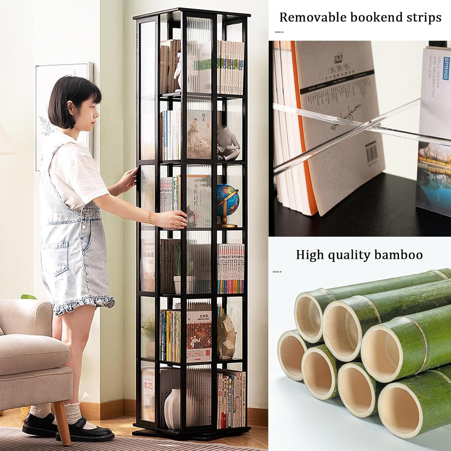 YVYKFZD Rotating Bookshelf Tower, 360° Revolving Bookcase, Bamboo Narrow Display Storage Rack, Floor Standing Corner Book Shelf Organizer, for Small Space, Home/Office/Study(Wood,5 Tier 14.5x14.5x59.4