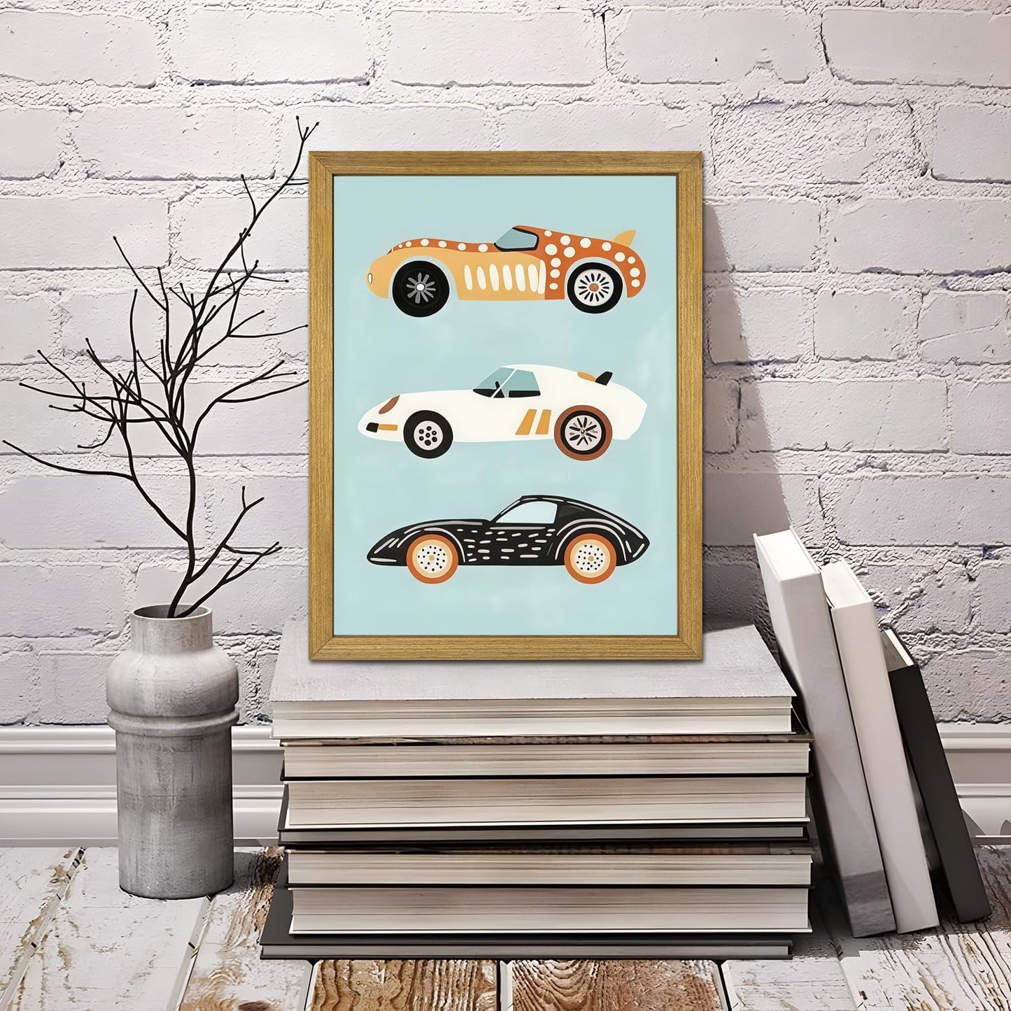 Wood Framed Car Wall Art, Vintage Race Car Canvas Print Poster, Baby Boy Nursery Wall Decor, Cute Car Themed Room Decoration, for Boys Kids Room Artwork 8x10 Inch