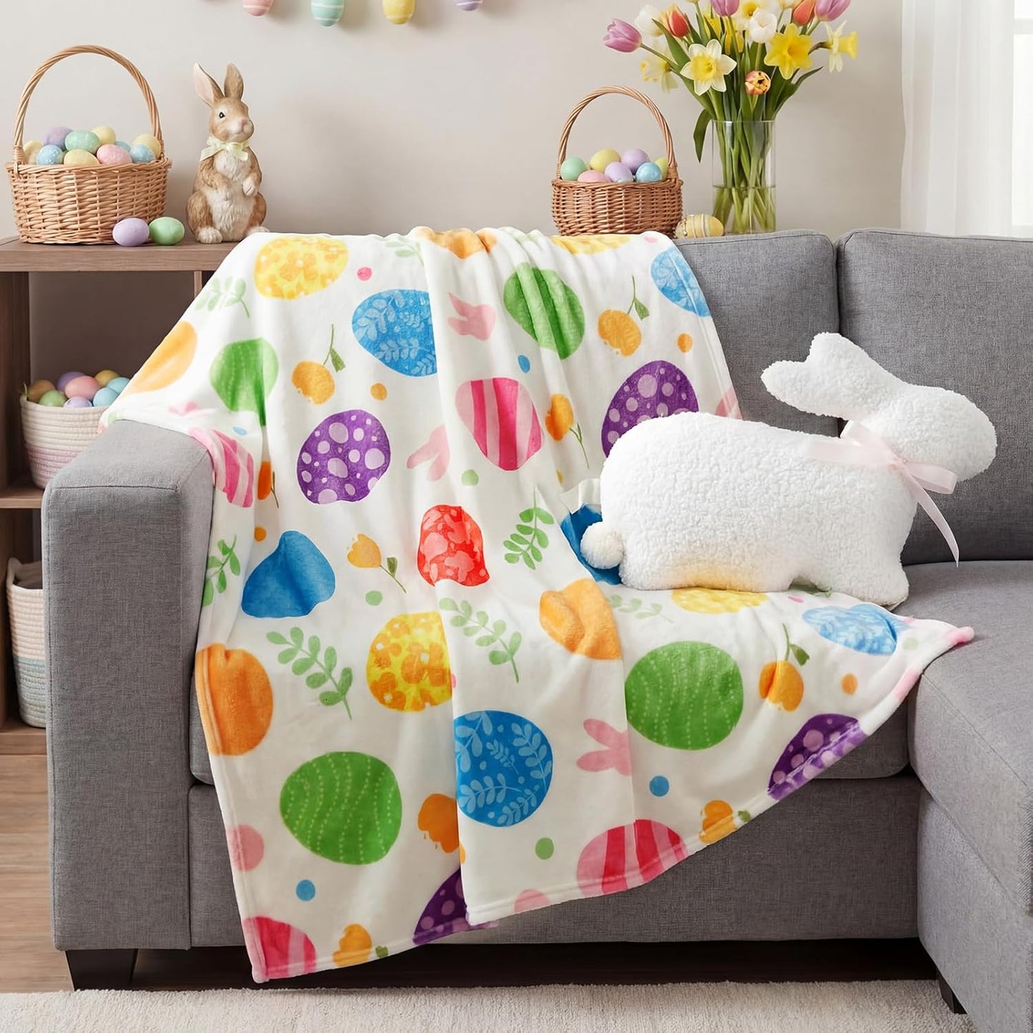 2 Pcs Easter Plush Throw Blanket and Pillow Set, 40 x 50 Inch Soft Easter Eggs Flannel Blanket Fluffy Bunny Stuffed Pillow Cushion Gifts for Boys Girls Teens Bedroom Decor
