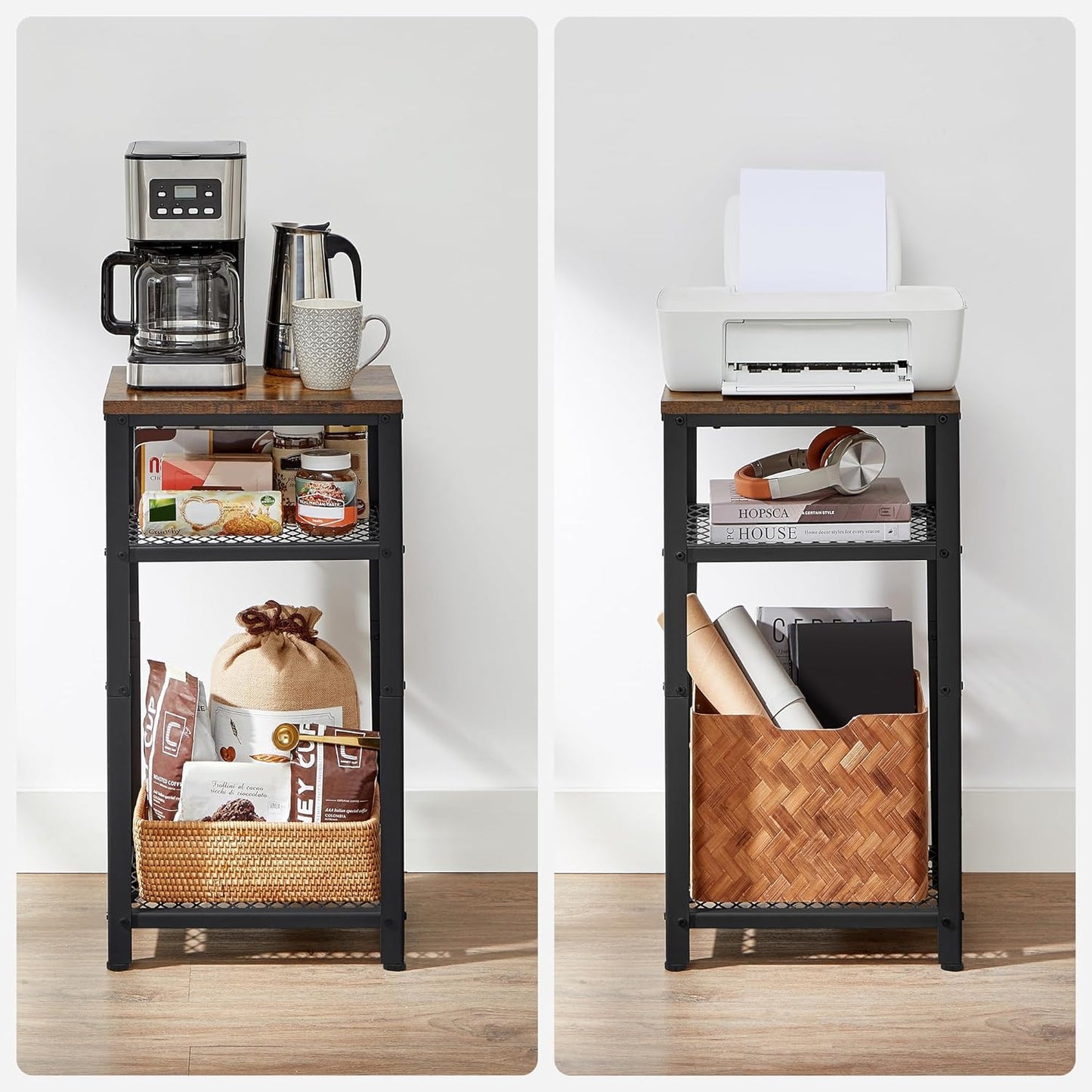 VASAGLE 3-Tier Tall Side Table, Small Telephone End Table Stand with 2 Mesh Storage Shelves for Office, Bedroom, Living Room, Kitchen Cart, Rustic Brown and Black