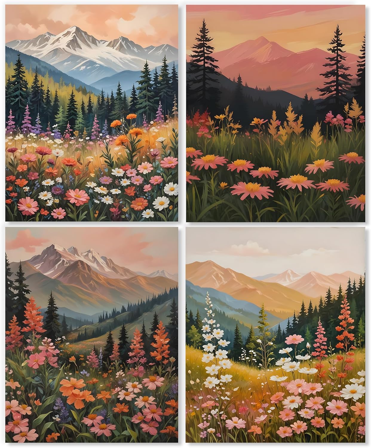 LUKIPOM Boho Maximalist Mountain Floral Wall Art Posters Set of 4, Colorful Wildflower Field Mountain Landscape Canvas Prints Artwork Wall Decor for Bedroom Home Office, 8x10 Unframed