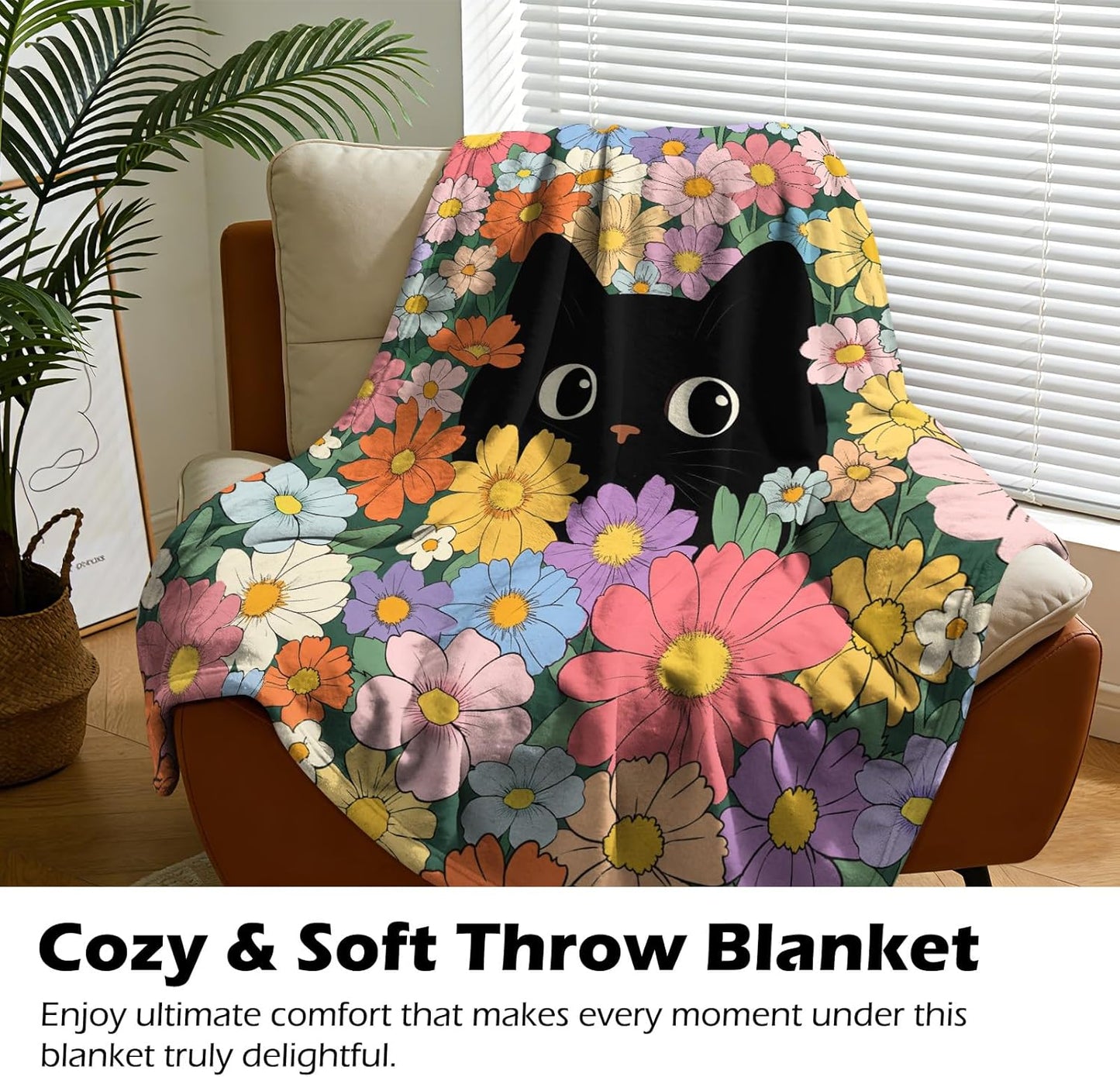 Orange Cat Floral Themed Blanket - 50"x60" Cute Orange Cat Gifts for Cats Lovers Women Mom Teen Girls All Season Super Soft Comfort Flannel Blanket Pet Cats Lovers Valentine Birthday Present