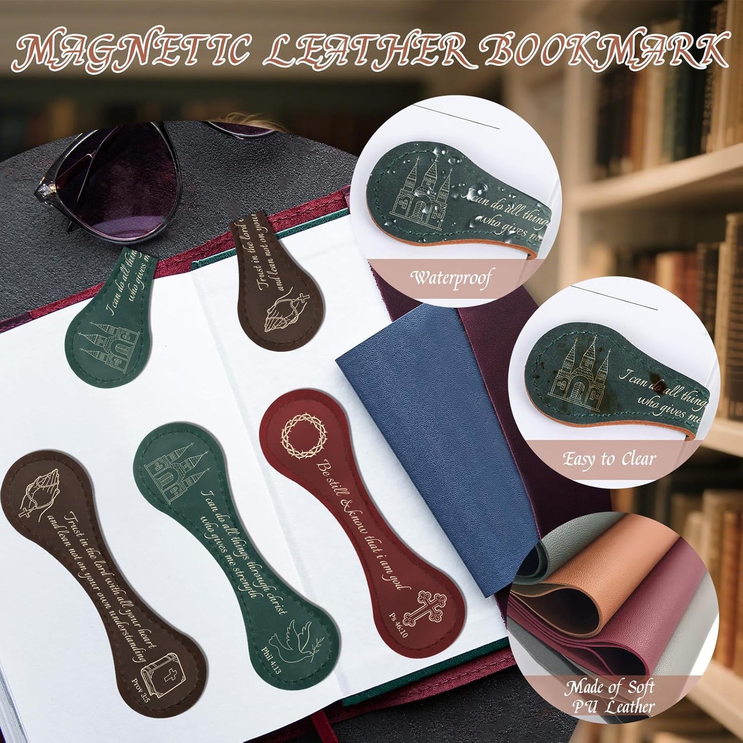 Bible Verse Magnetic Leather Bookmarks - Wxiben 3 Pcs Christian Inspirational Leather Bookmark Scripture Religious Book Mark Magnetic Page Clips for Women Men Book Lovers Students Teacher Reading Gift