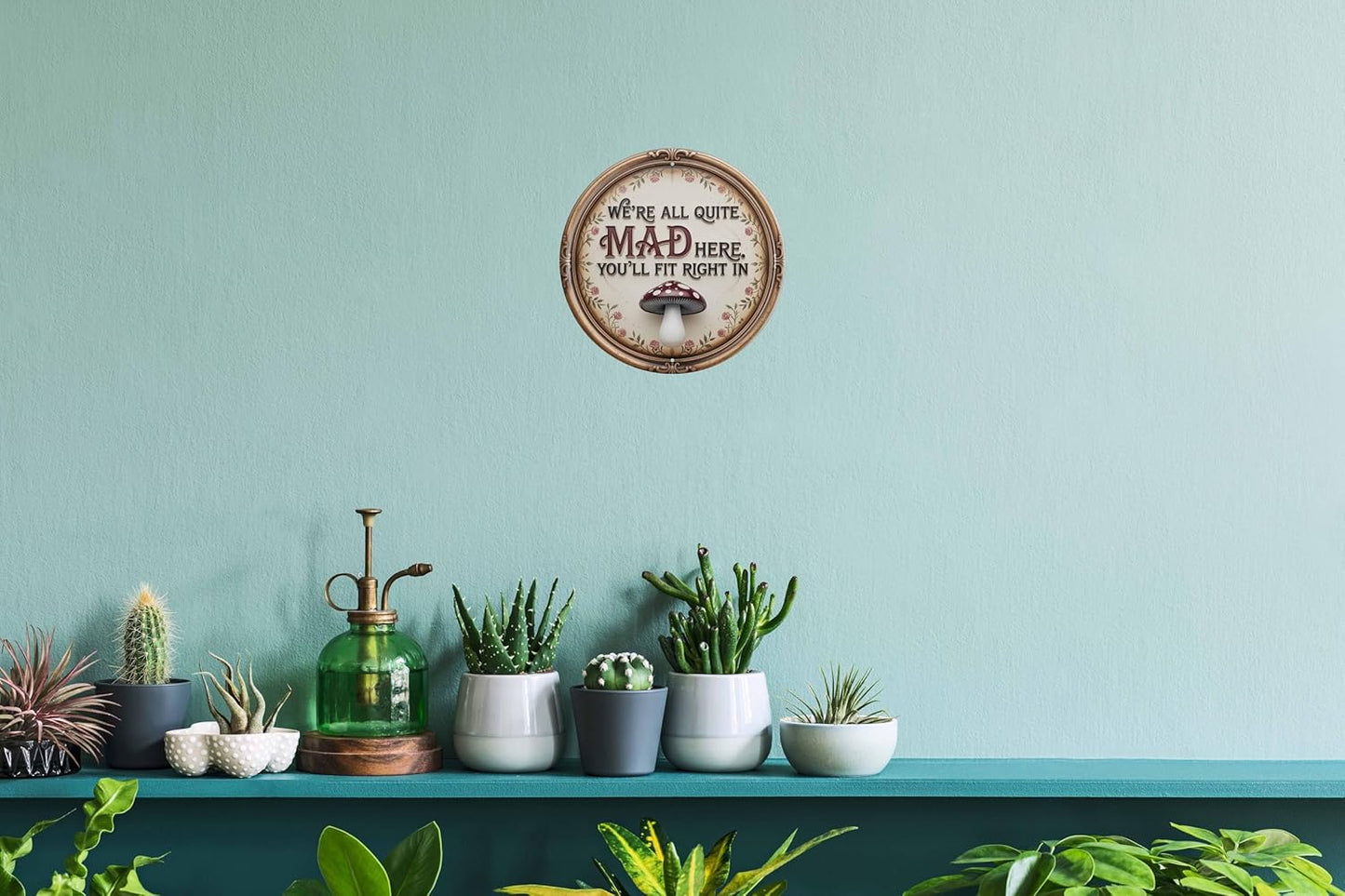 AWISZZZ We're All Mad Here Metal Sign 8x8in Round Literary Plaque for Library Wall Decor Alice Gift