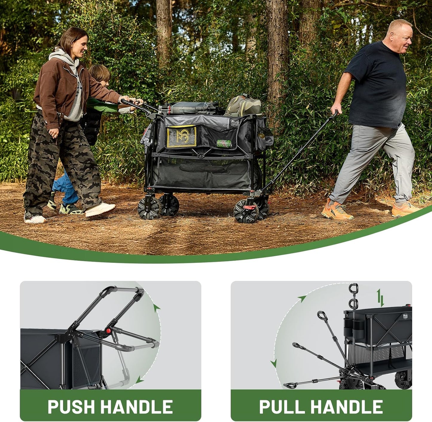 TIMBER RIDGE Push & Pull Double Decker Wagon, 400L Large Capacity Heavy Duty & 450lb Load, Collapsible Cart with All-Terrain Wheels & Brakes, 54” Extended Foldable for Sports, Beach, Camping, Grey