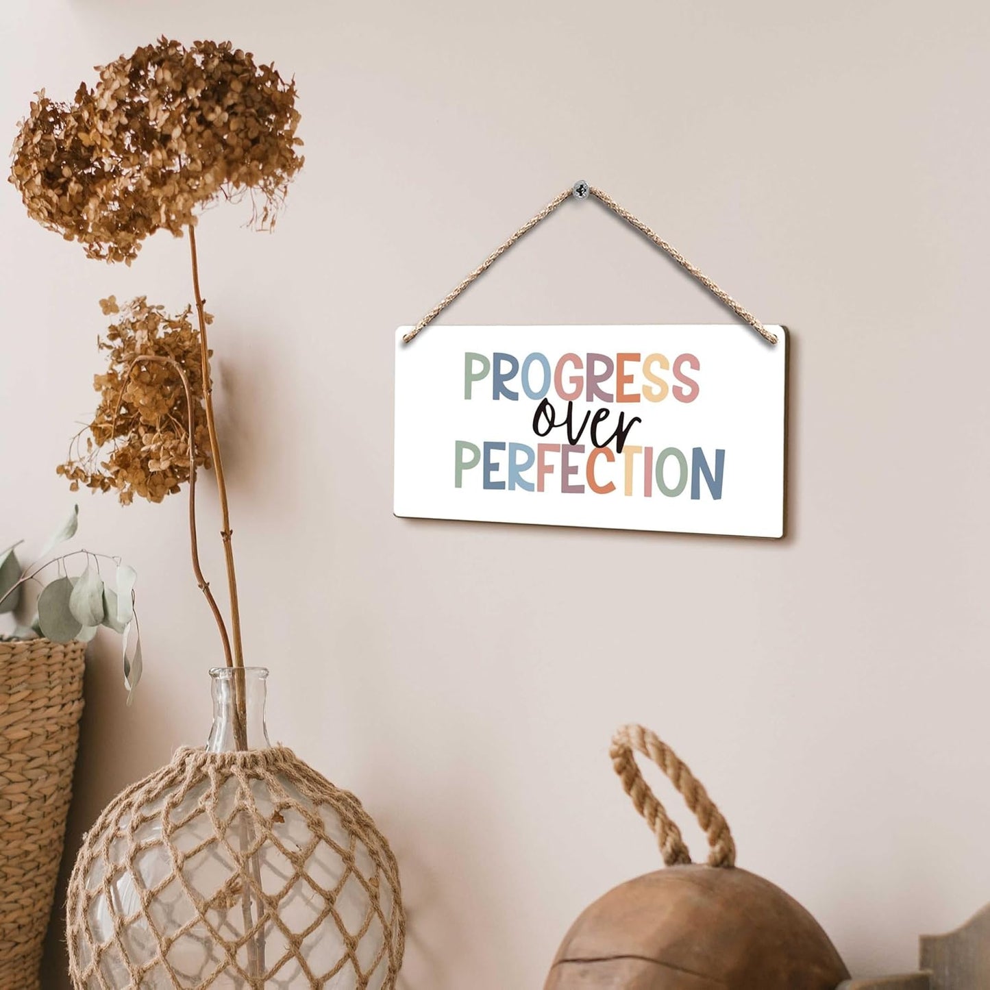 FUGWN Inspirational Progress Over Perfection Hanging Wooden Signs 12x6, Motivational Mental Health Wall Decor for Classroom Kids Room Playroom, Mental Health Home Decor Gifts for Kids Boys Girls