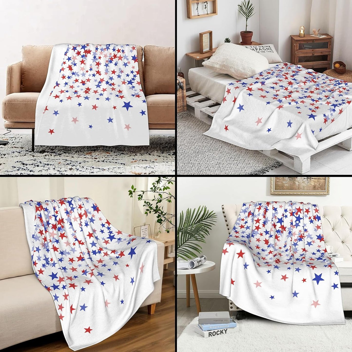4th of July Throw Blanket, American Flag Blue and Red Stars Throw Blankets, Memorial Day Independence Day Patriotic Lightweight Soft Warm Cozy for All Season 60x80 inches