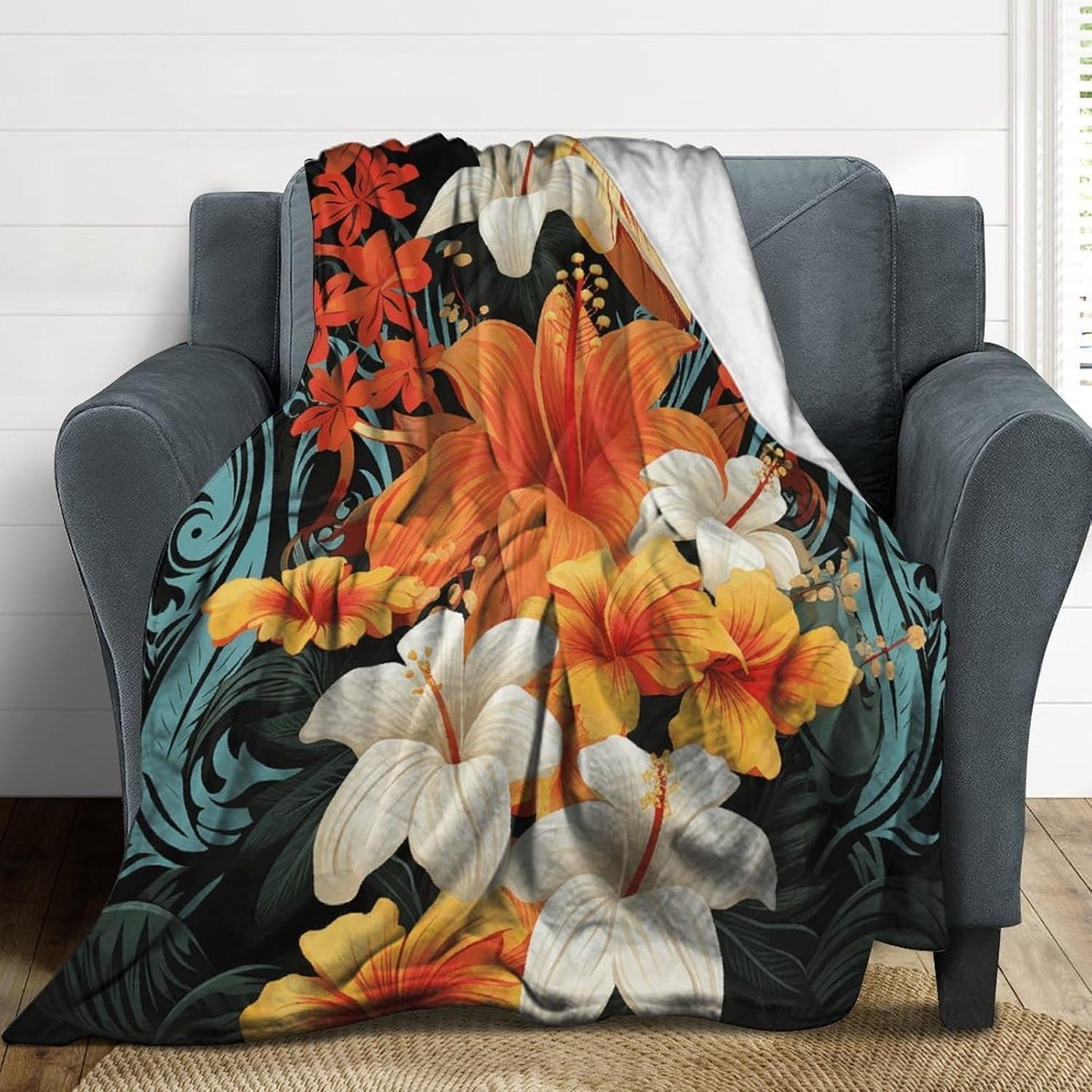 Flowers And Hawaiian Tribal Patterns on Black Background Throw Blanket for Couch Super Soft Warm Lightweight Throw Blankets Cozy Flannel Bed Blanket Cute Decorative Blankets for All Seasons Home Decor