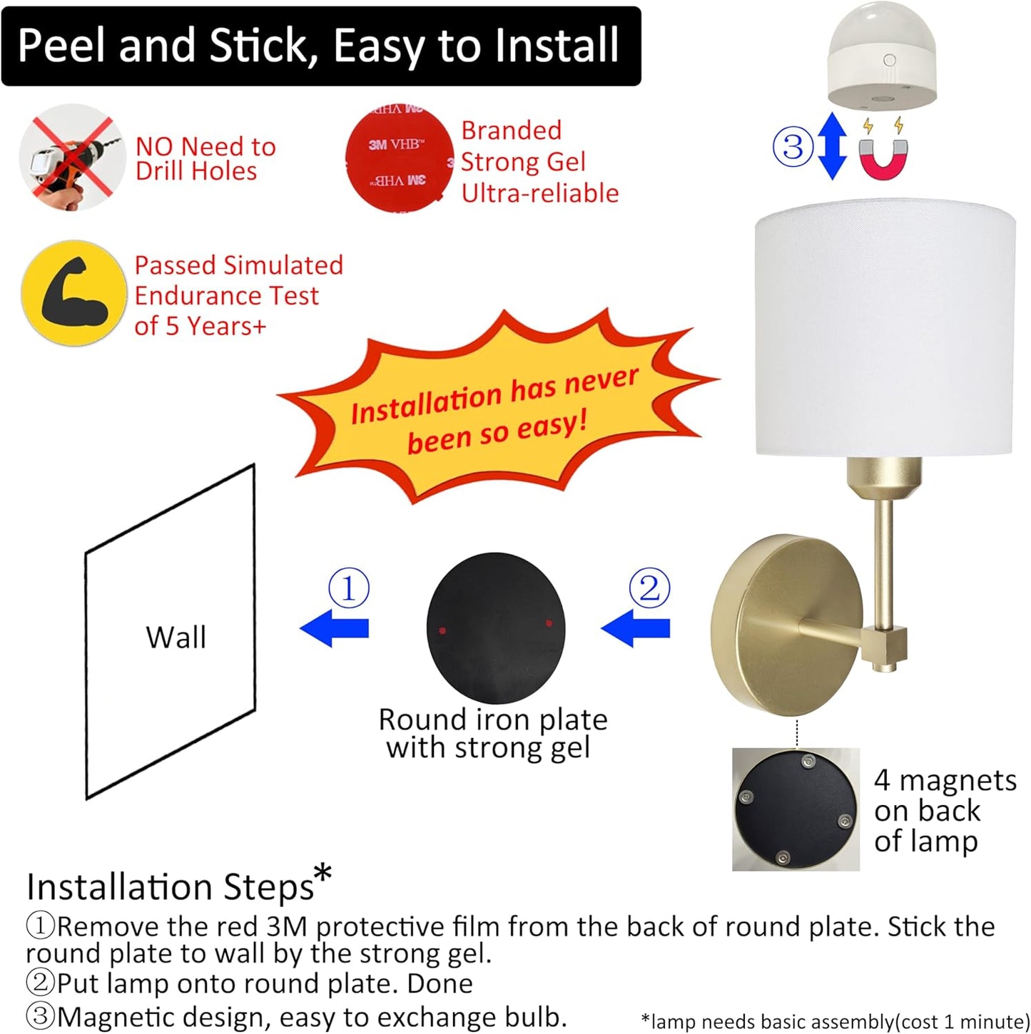 Easy Install Adhesive Battery Wall Sconces Rechargeable Gold Set of 2, No Nails Cordless Magnetic Wall Lamps Peel and Stick Decor Wall Vanity Lights for Pictures Living Room Hallway (Gold, 2-Pack)