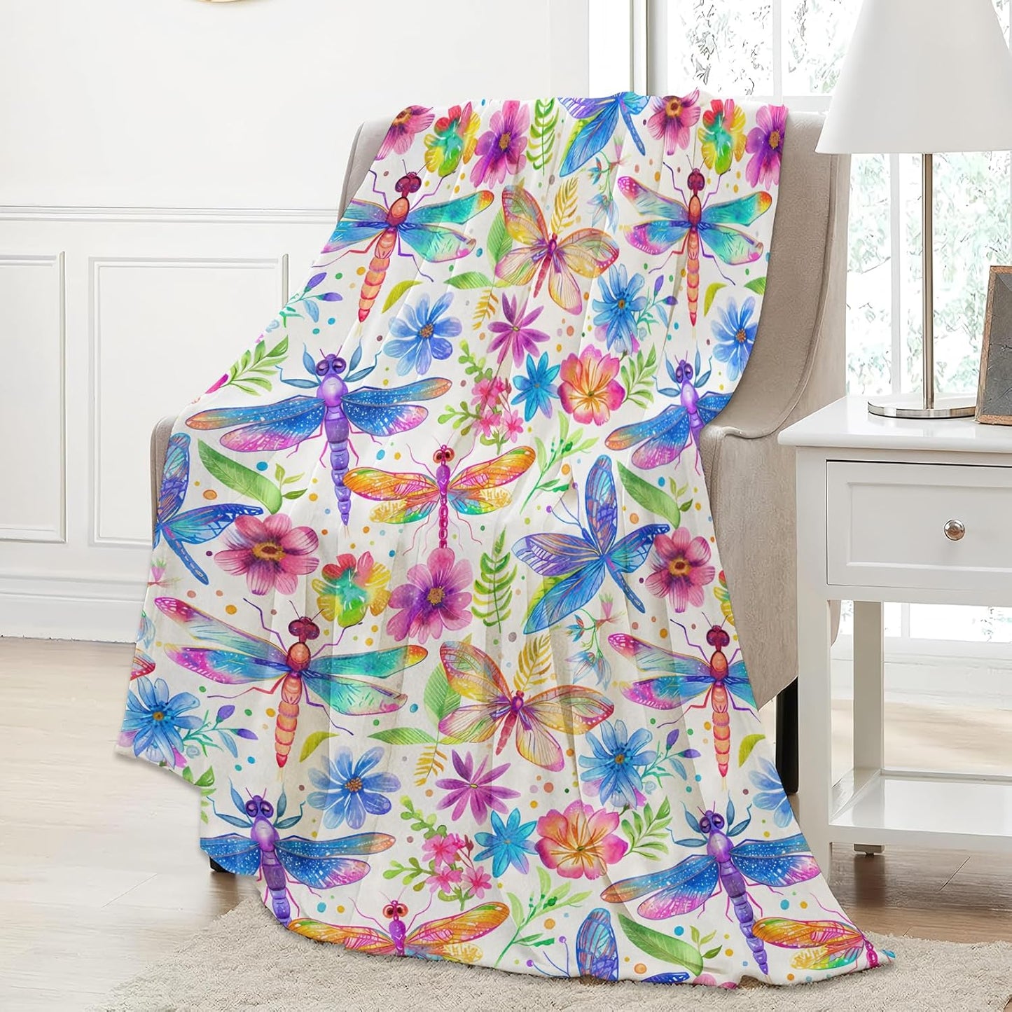 Colorful Dragonfly and Butterfly Throw Blanket Gifts for Women, Soft Fuzzy Warm Cozy Flannel Blankets for Bedroom, Travel, Couch, Home Decor 50x60 in