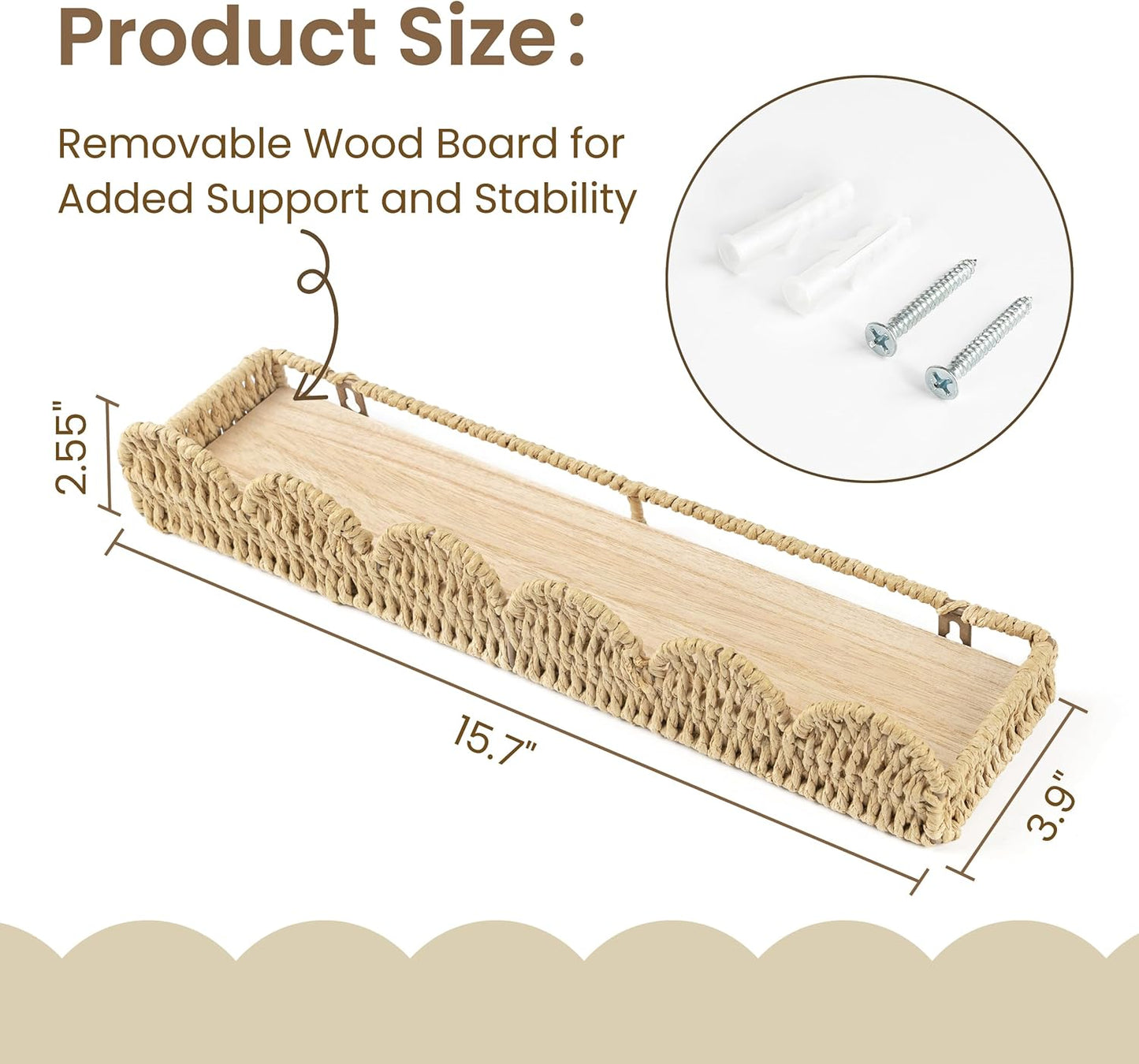 AELS Scalloped Nursery Bookshelf, Set of 2, Picture Ledge Shelf for Wall Decor, Woven Straw Paper Floating Shelves for Books, Toys, Photo Frames, Nursery, Boho Modern Farmhouse Book Shelf, Beige