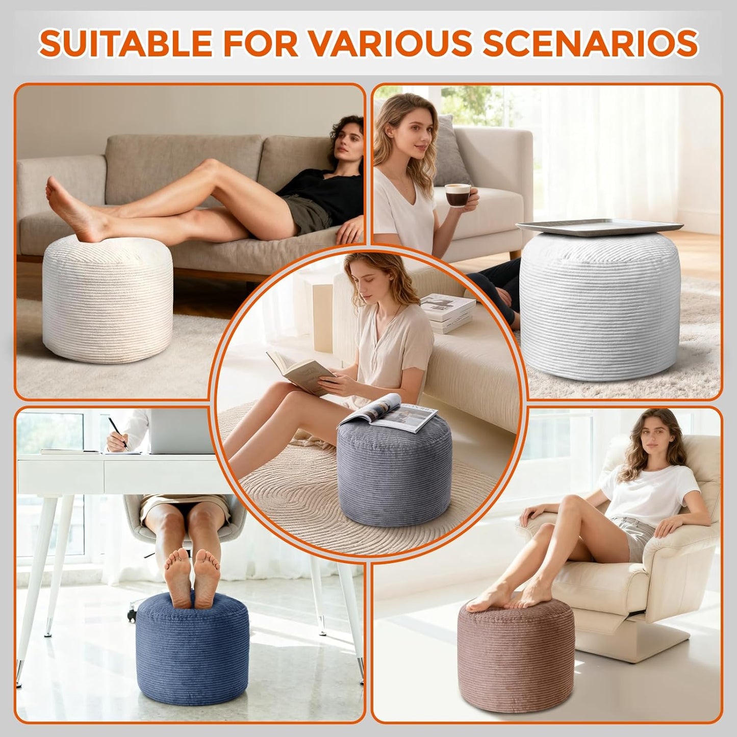 Pouf Ottoman Foot Rest, Comfortable & Soft, Round Footstool for Living Room, Bedroom, Office, Room Decoration, Corduroy Foot Stool Pouf with Odorless & Anti-Clump Filling, Large Beige