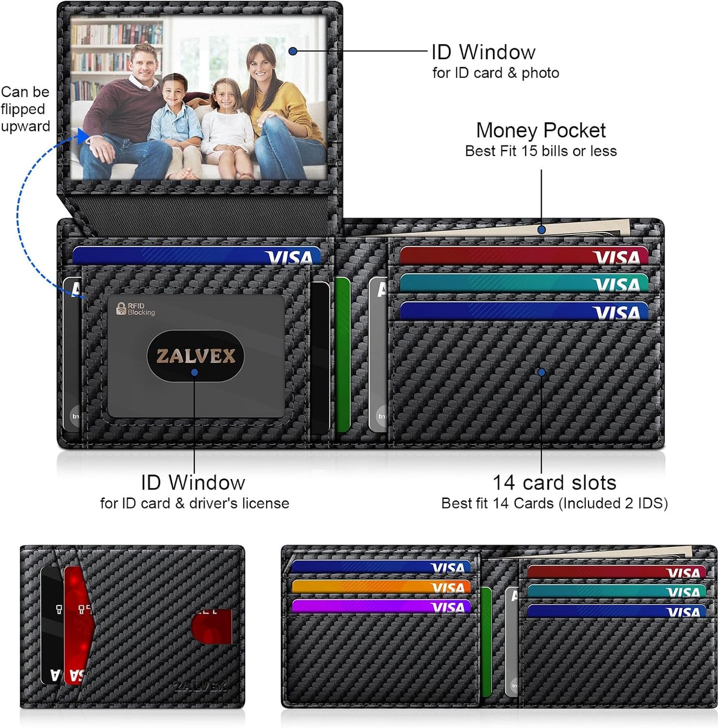 Wallet for Men Slim RFID Blocking Leather Credit Card Holder Wallet for 14 Cards, Bifold Minimalist Thin Wallet with 2 ID Windows & Cash Slot, Front Pockt Carteras Para Hombres, Birthday Gifts for Men