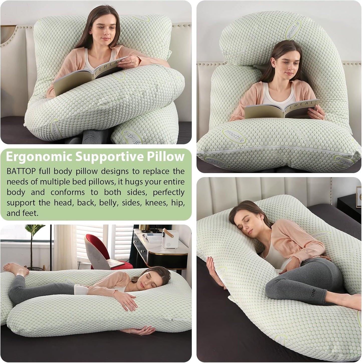 BATTOP Pregnancy Pillows for Sleeping- Full Body Maternity Pillow with Cooling Breathable Cover, U-Shaped Pregnancy Pillow for Side Sleepers - Support for Back,Hips,Legs,Belly (Mint Green)