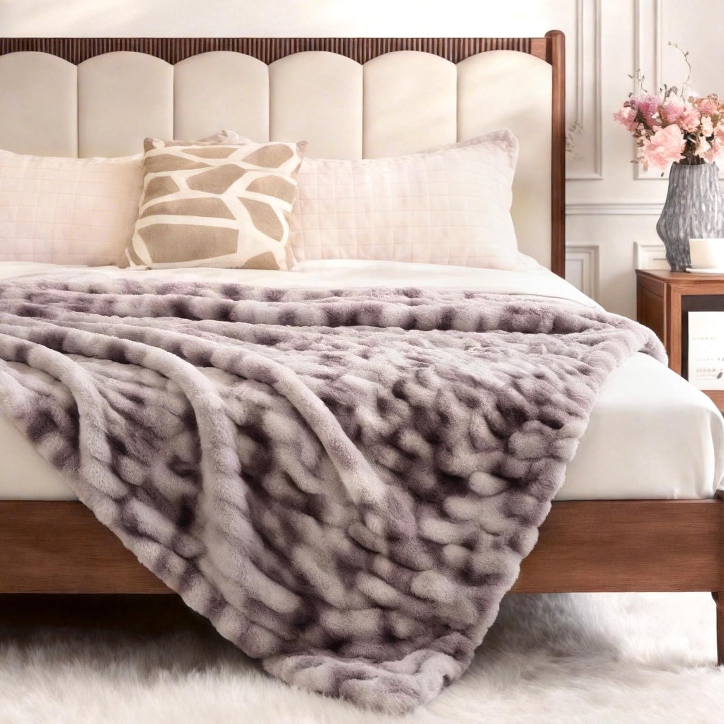 Ultra Soft Luxury Faux Fur Throw Blanket for Couch, Fuzzy Fluffy Plush Warm Cozy Ruched Blanket for Sofa Bedroom Living Room, Elegant Gift Idea for Women (50"x60",Tie-dye Taupe)