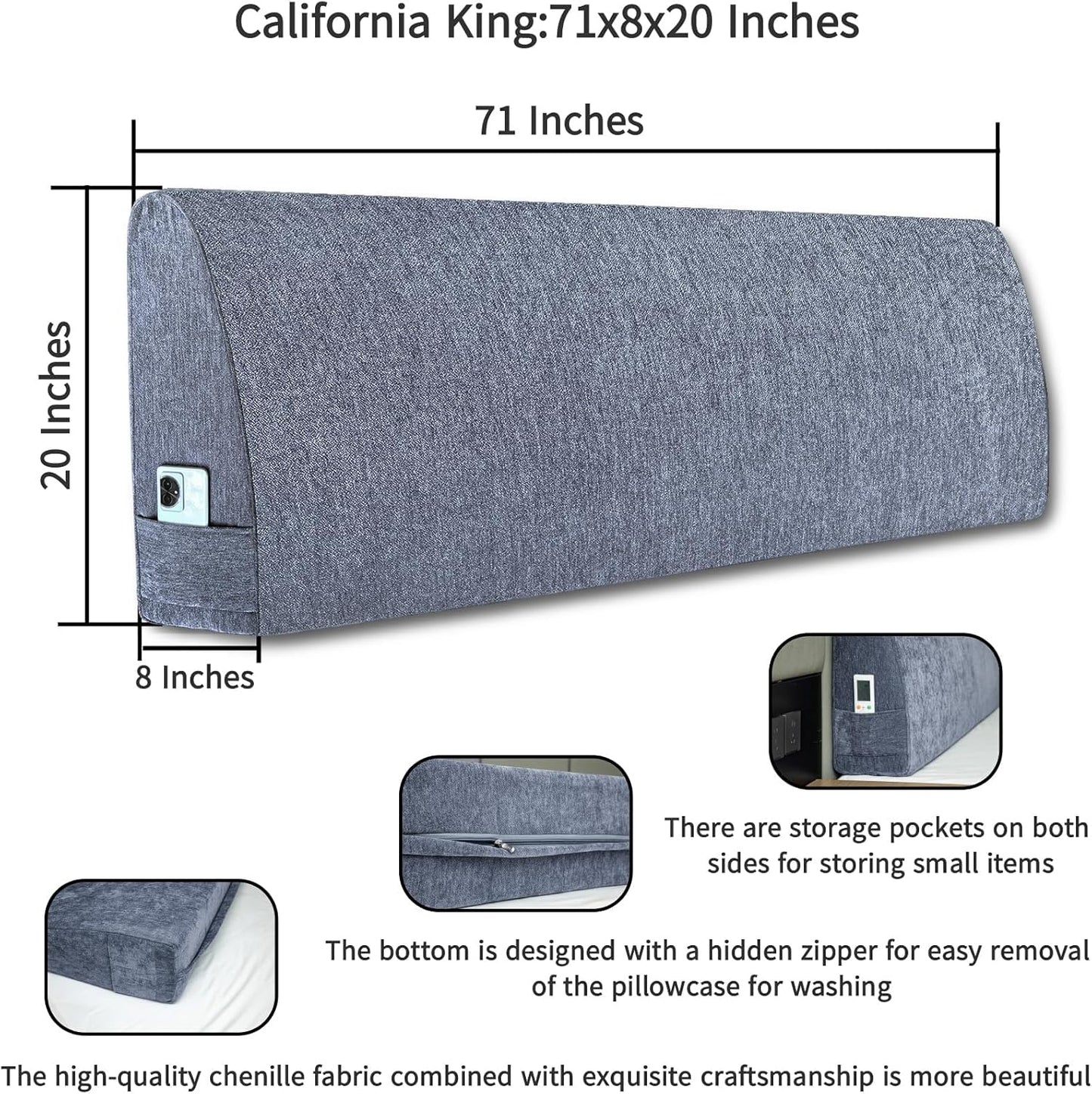 Headboard Wedge Pillow California King Headboard Pillow Memory Foam Reading Pillow Large Headboard Back Cushions for Bed Rest Dark Blue