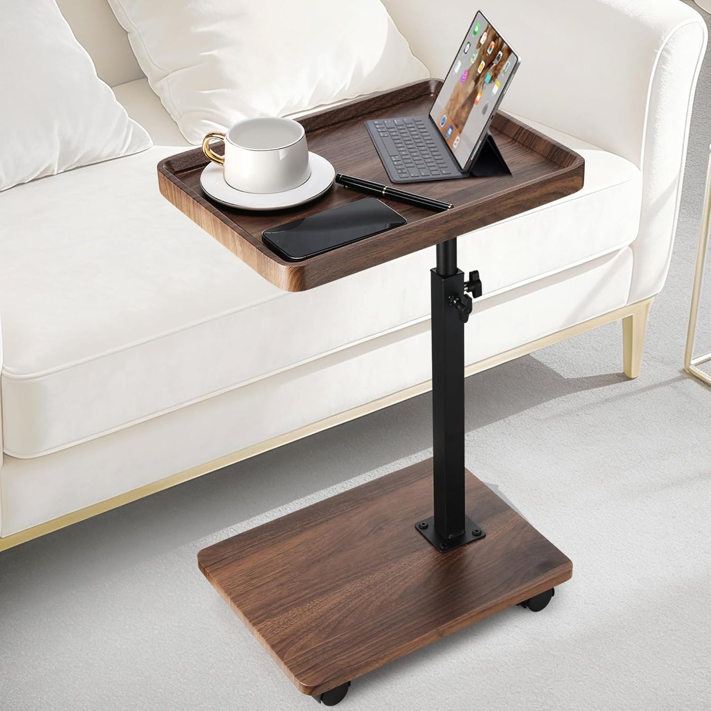 C Shaped End Table for Couch, Adjustable C Shaped Side Table with Wheels, Anti Fall Measures TV Trays Table for Eating, Sofa, Bedroom, Living Room