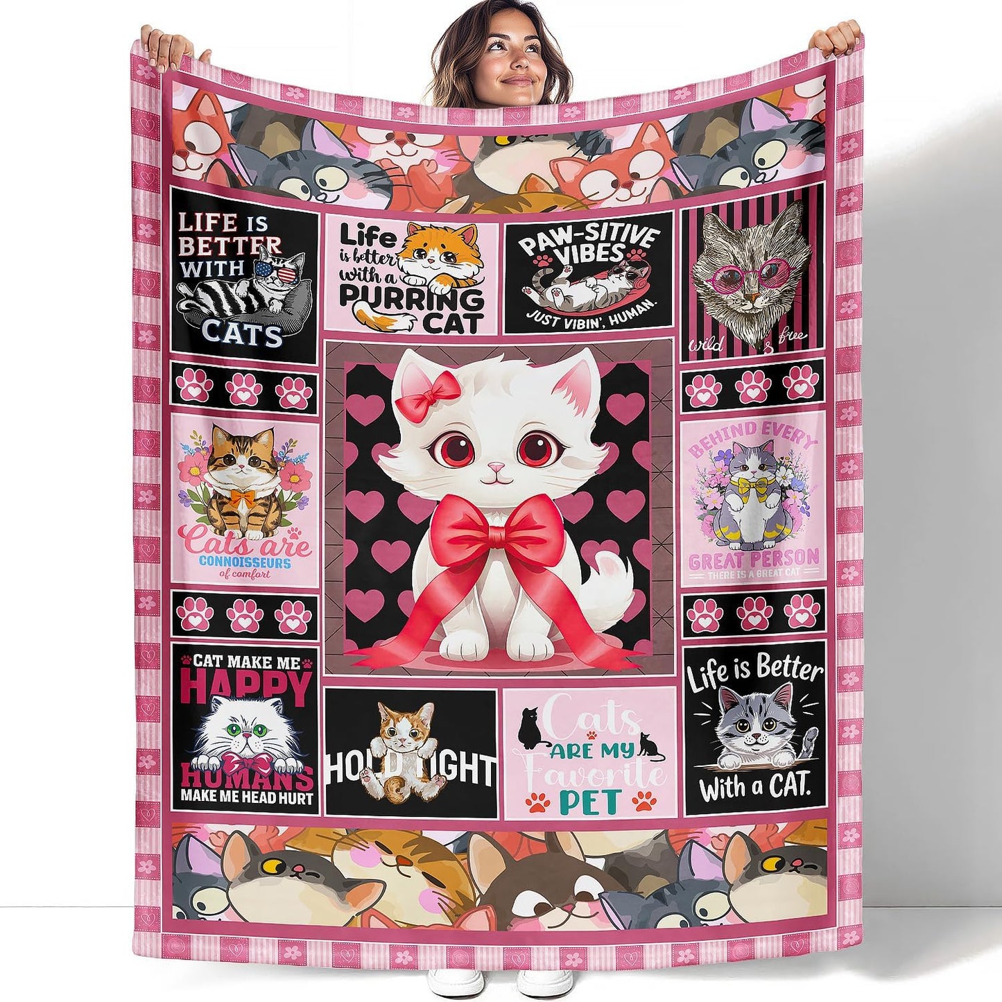 Cat Throw Blanket, Cute Kitten Quotes Collage, Soft Cozy Fleece Blanket for Couch Bed, 60 x 80 Inches