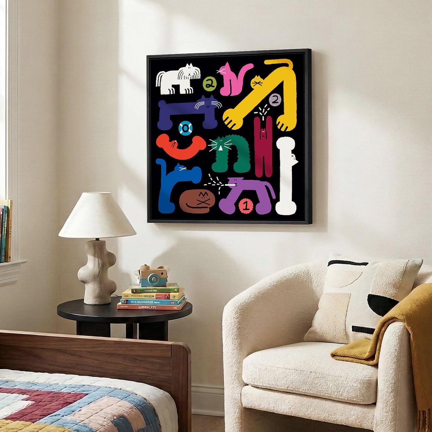Framed Colorful Funny Cat Wall Art for Kids Room, Abstract Eclectic Cute Cartoon Prints Painting, Large Playful Animal Picture Wall Decor for Living Room Bedroom Nursery 24x24 Inch