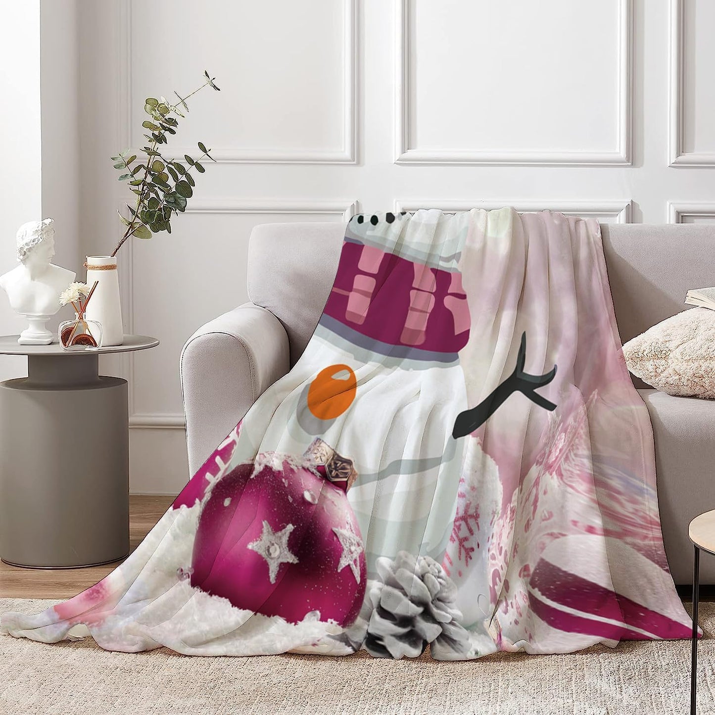 Pink Christmas Snowman Blanket, Cute Pink Christmas Tree Snowflake Soft Plush Warm Bed Couch Blanket, Winter Xmas Holiday Flannel Throws to Decorate The Room and Bedroom, 50X60 Inch