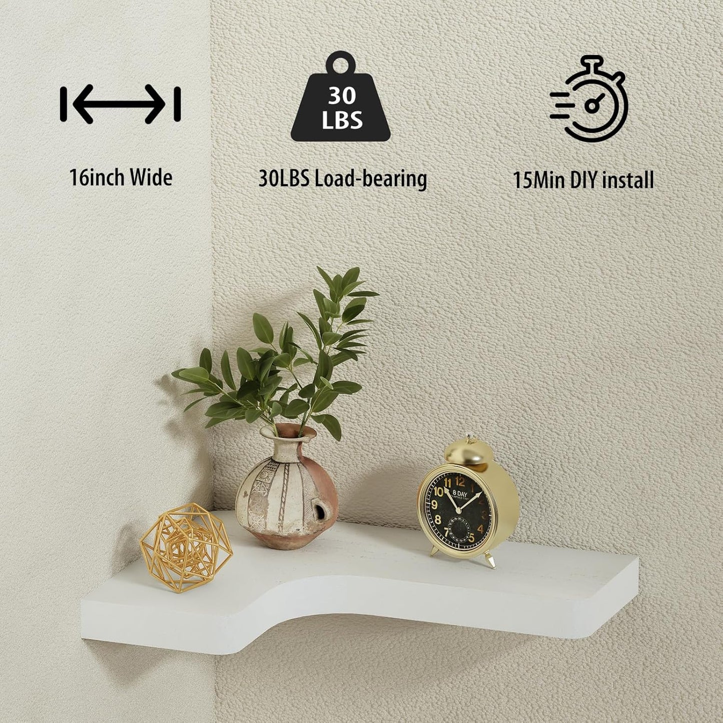 SAUMONIERES Corner Floating Shelves Wall Mount Shelf Solid Wood for Bedroom Bathroom Room Kitchen Storage Set of 3, White, Invisible Brackets