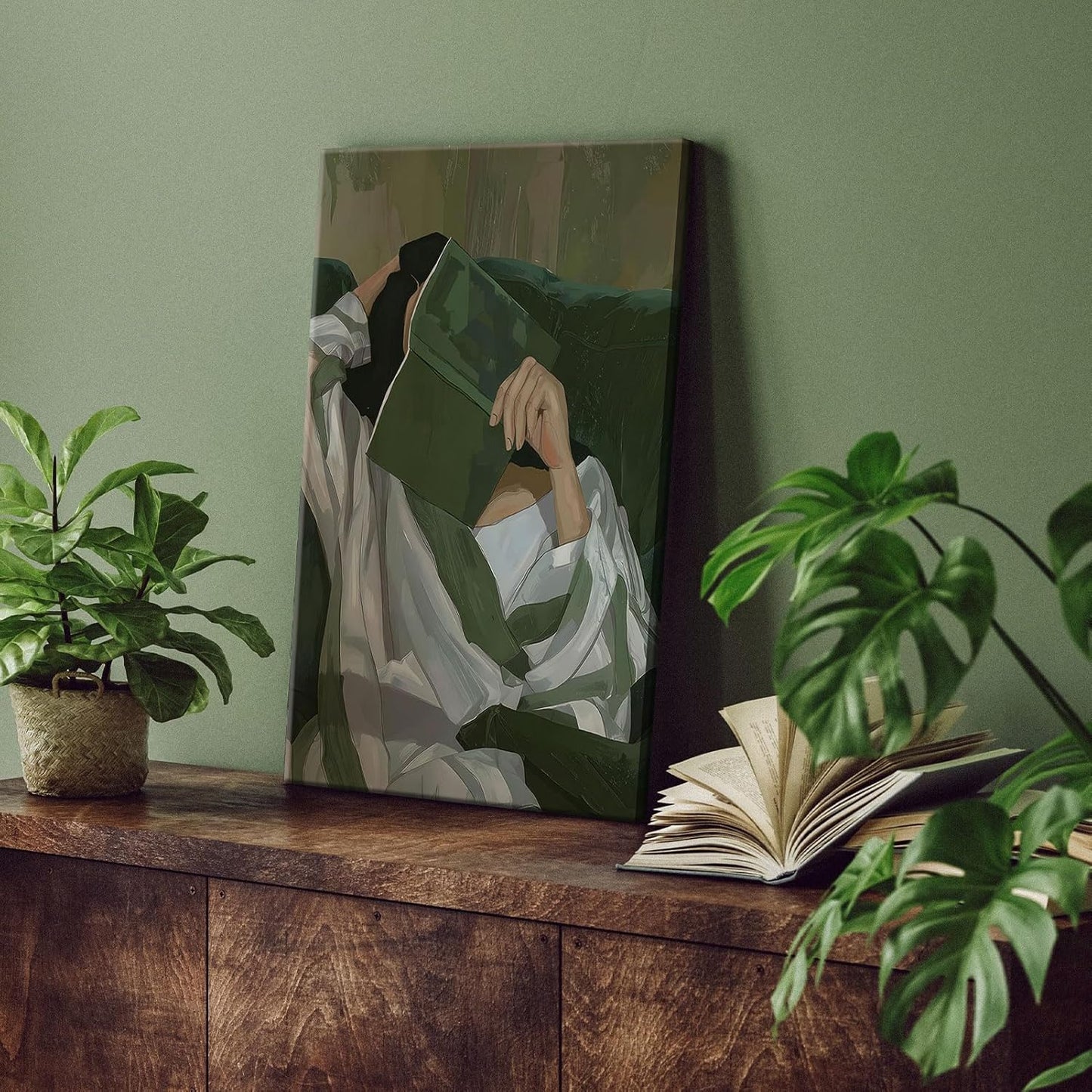Emerald Green Reading Woman Canvas Wall Art Abstract Cozy People Wall Decor Pictures Minimalist Green Feminine Aesthetic Poster Print for Bedroom Living Room Home Decoration 16x24in