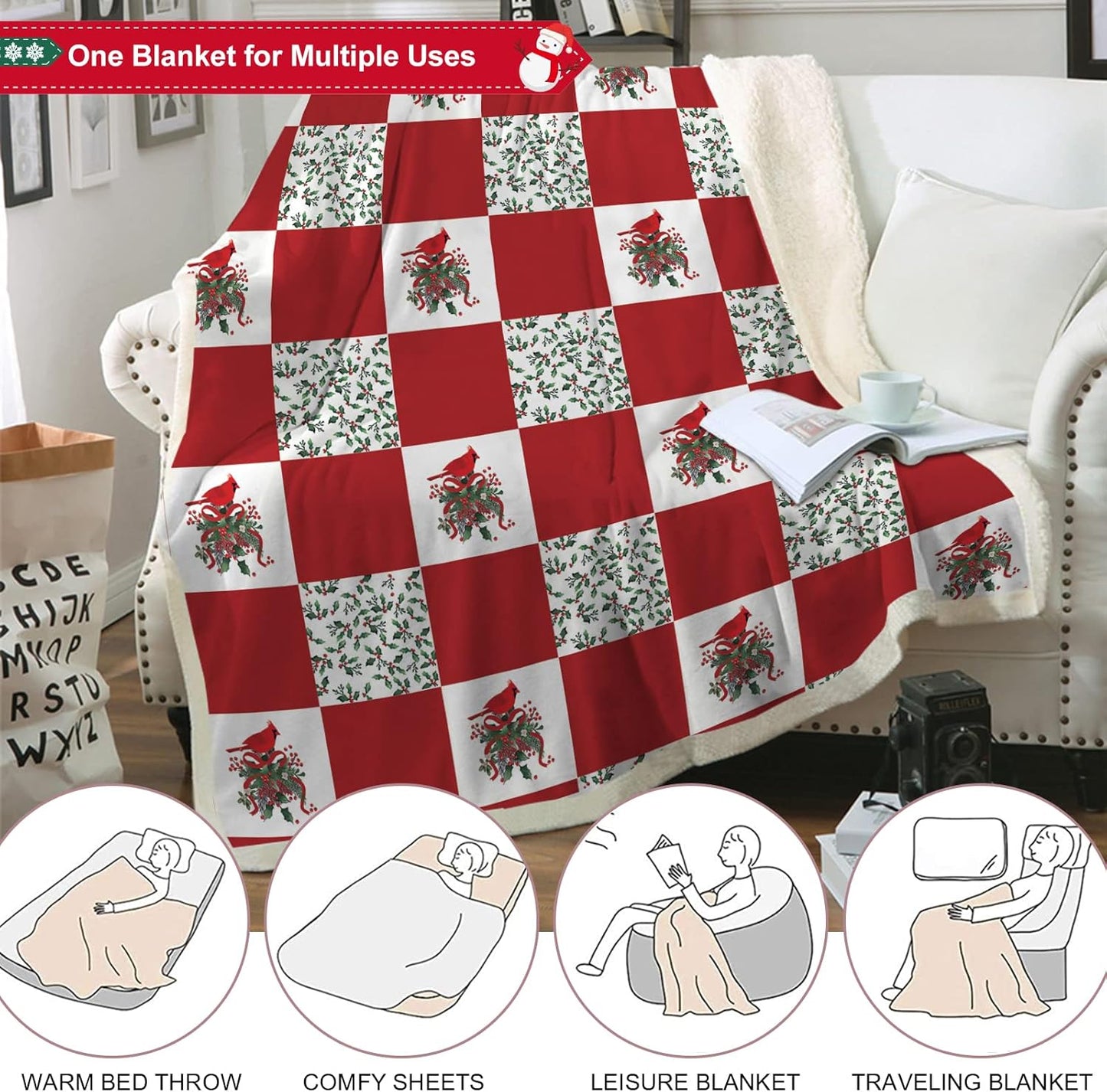 Sherpa Fleece Blanket Throw, Cardinals Birds Stitching Plaid Fuzzy, Soft Lightweight Breathable Bed Sofa TV Couch Blanket, Christmas Home Decor, 50'x60'