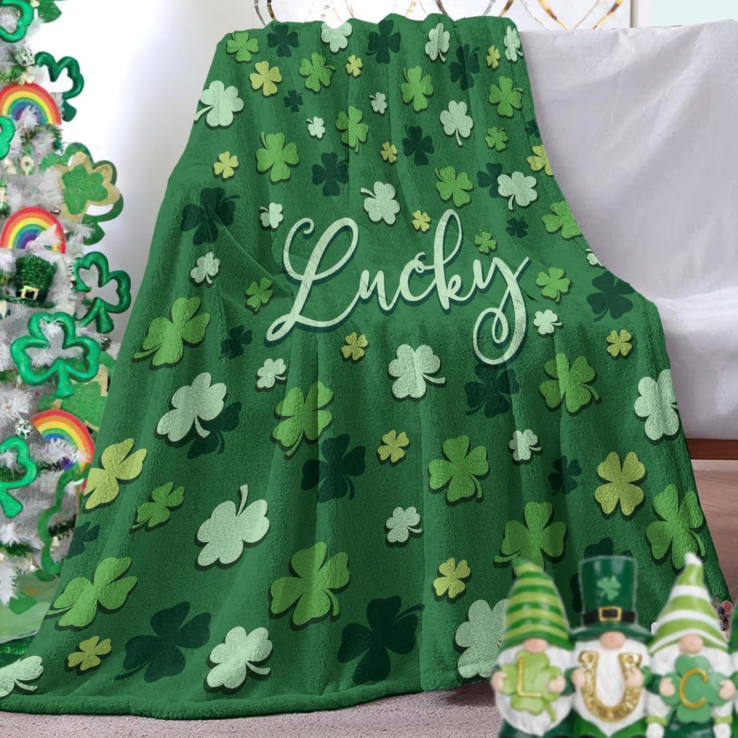 St Patricks Day Flannel Throw Blanket, Lucky Shamrock Clover Birthday Gifts for Kids Men Women, Irish Spring Soft Blankets for Bedding Sofa 50" x 60"