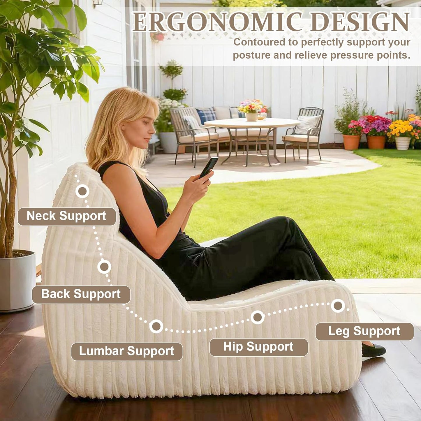 Bean Bag Chairs for Adults, Giant Bean Bag Chair, Memory Foam Lounge Chair, Comfy Lazy Floor Chair, Bean Bag Sofa for Living Room, Bedroom and Office, Loveseat Bean Bag (White)