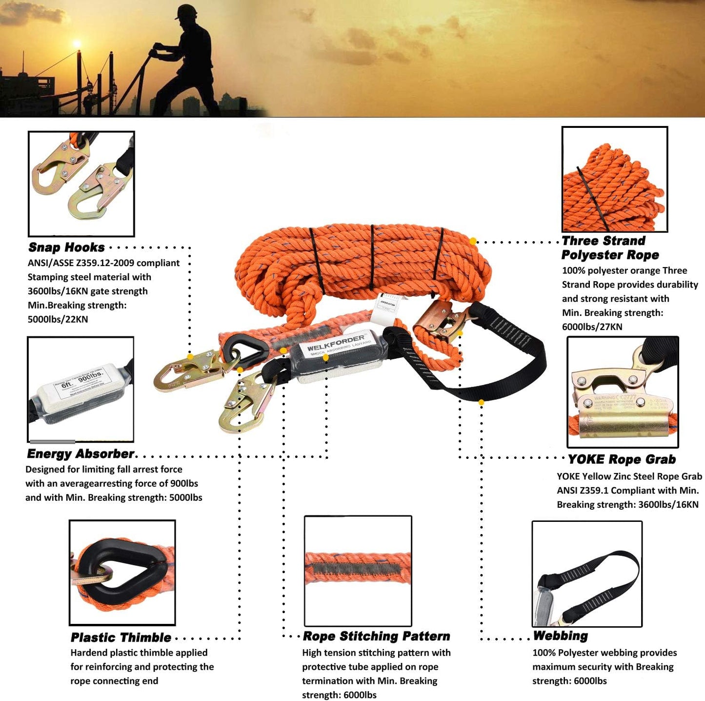 50FT Vertical Lifeline Assemble Three Strand Rope Fall Protection with Rope Grab Snap Hooks Shock Absorber Fall Protection Safety Equipment ANSI Compliant