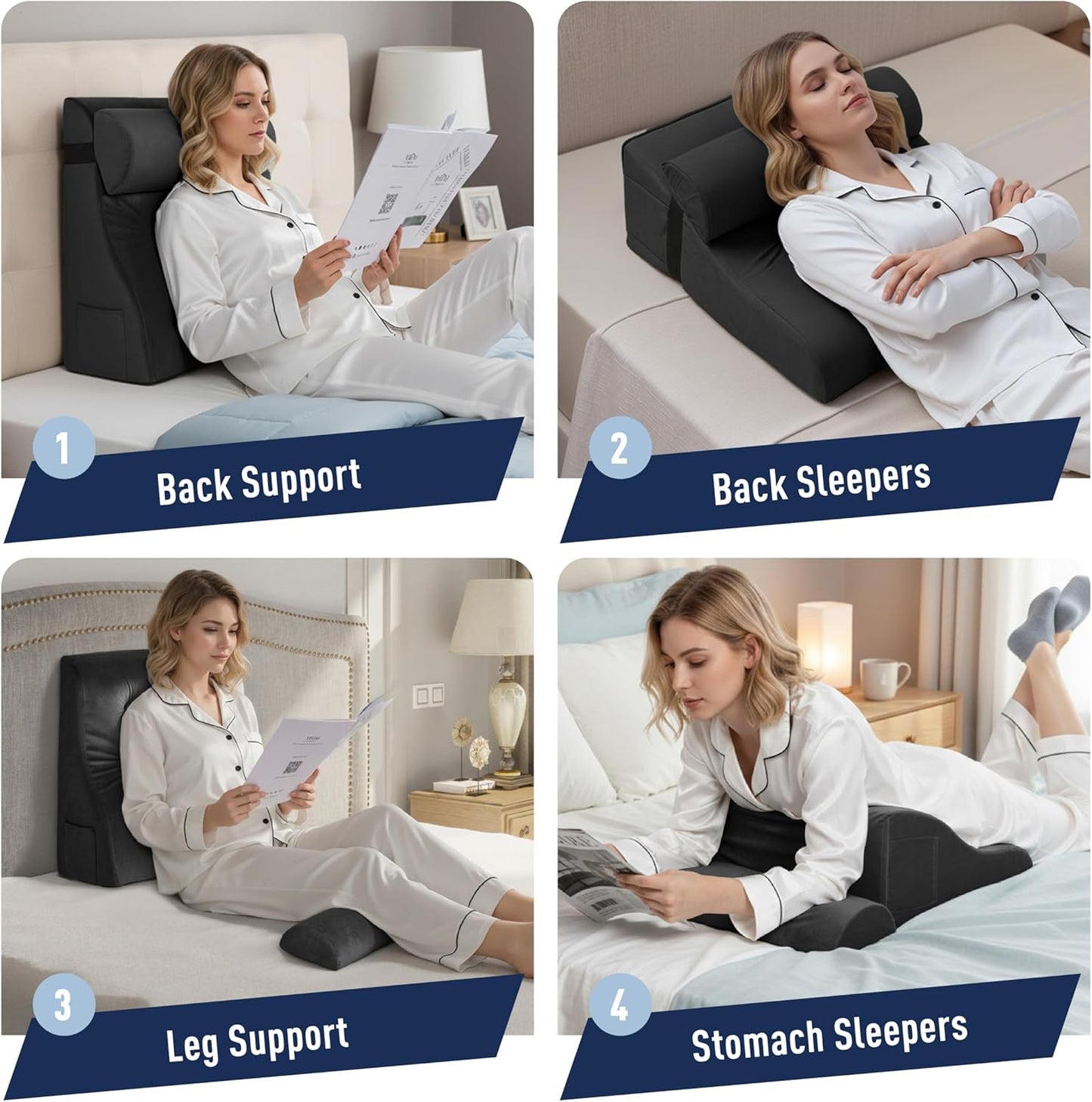 Daneey Reading Pillows for Sitting in Bed Adult Back Pillow for Sitting Up, Back Support Pillow for Bed, Foam Wedge Pillow for Neck, Lumbar, Back, Black, 20 * 9 * 22IN, Velvet