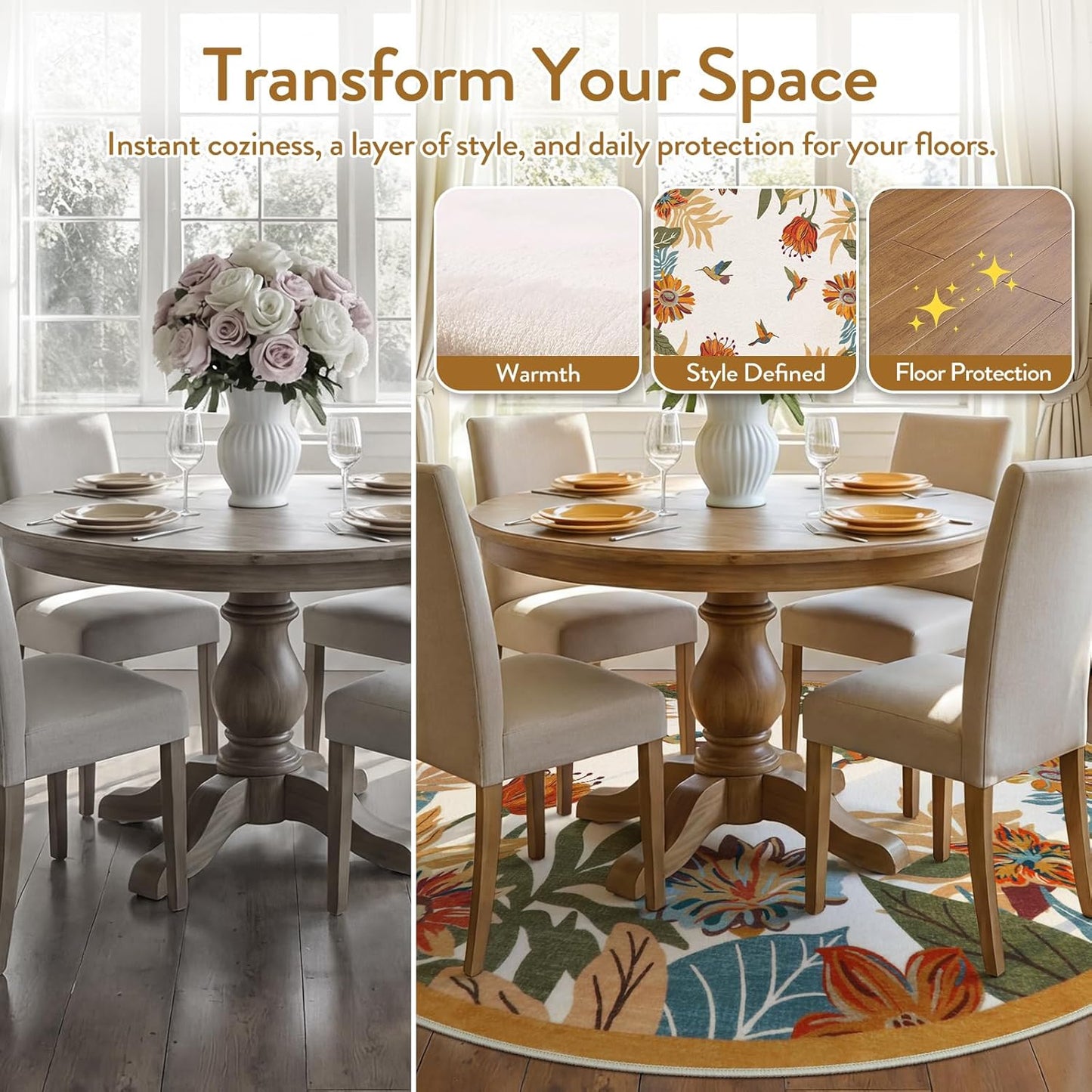 Beeiva Floral Round Area Rug 4ft for Bedroom - Yellow Washable Circle Dining Room Rugs for Under Table, Circular Flower Print Fall Rug Small Carpet for Reading Corner Decor(Yellow,Round 4')