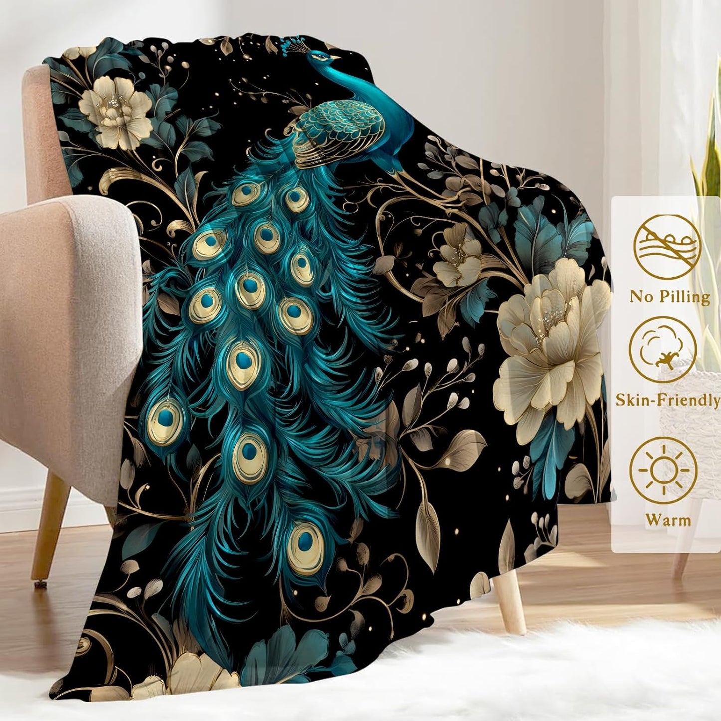 Elegant Peacock Flannel Blanket - Luxurious Floral with Majestic Bird and Golden Flower Throw - Soft Cozy Gifts Blankets for Kids Women & Nature Lovers, Country Decor, Artistic Accent 50x60in