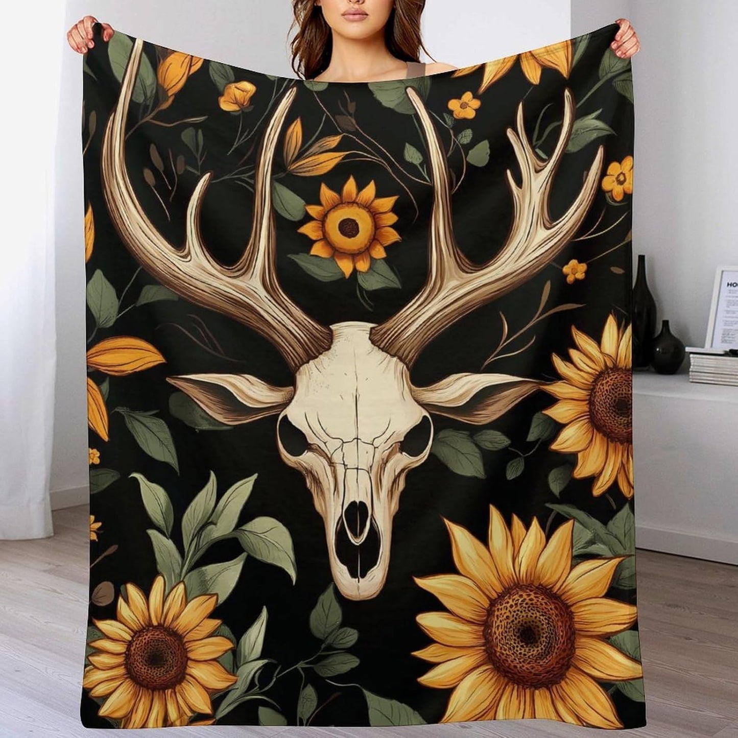 Deer Skull Sunflower Throw Blanket for Couch Bed Plush Cozy Fuzzy Flannel Blanket for All Season 70"x80"