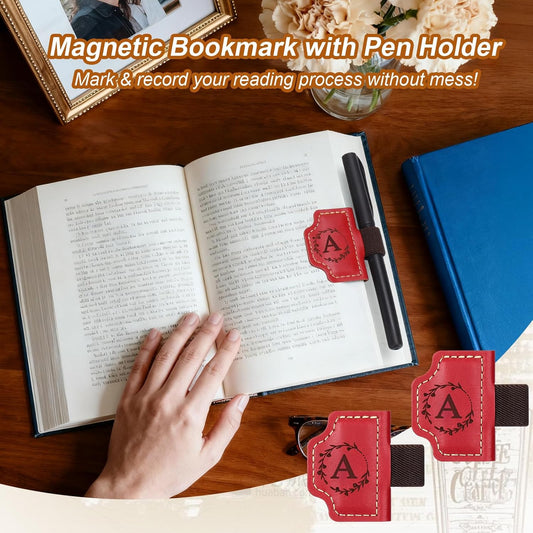 2PCS Magnetic Bookmarks with Pen Holder - Personalized Initial Letters Book Marks for Reading Women, Vintage Book Clip Accessories Gift for Book Lovers Readers Men Women Teachers Students (A)