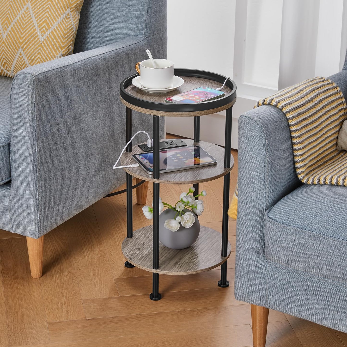 Small Round Side Table with Charging Station for Small Spaces, 3-Tier Accent Table with USB Ports & Power Outlets, Corner Tea Table Sofa Table for Living Room Nightstand Bedroom Apartment(USB,Oak)