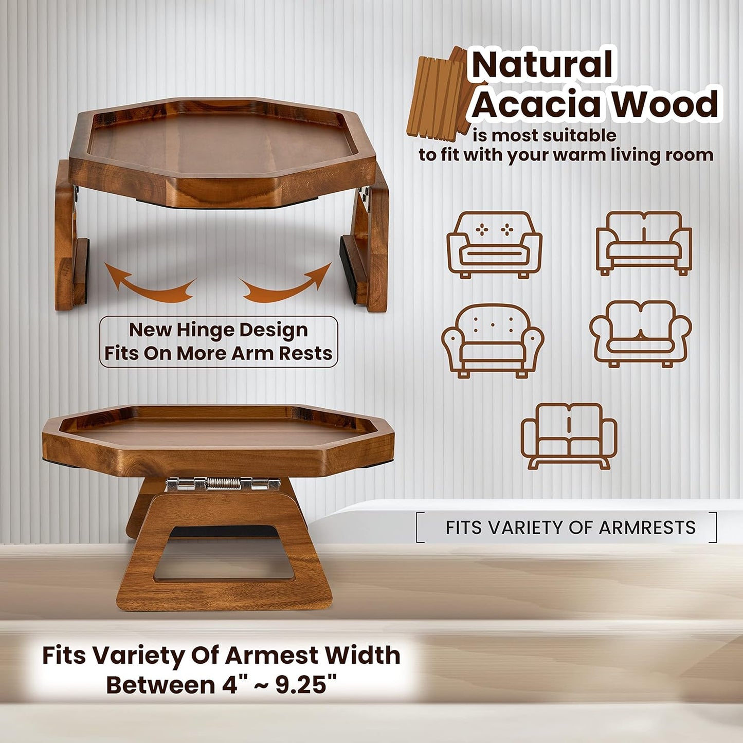 Tinamo Octagonal Acacia Sofa Arm Tray, Couch Armrest Table with Folding Arms - Armchair Caddy, Clip on Tray with Adjustable Arm Hinges for Home Sofa Living Room (Acacia, Octagon)