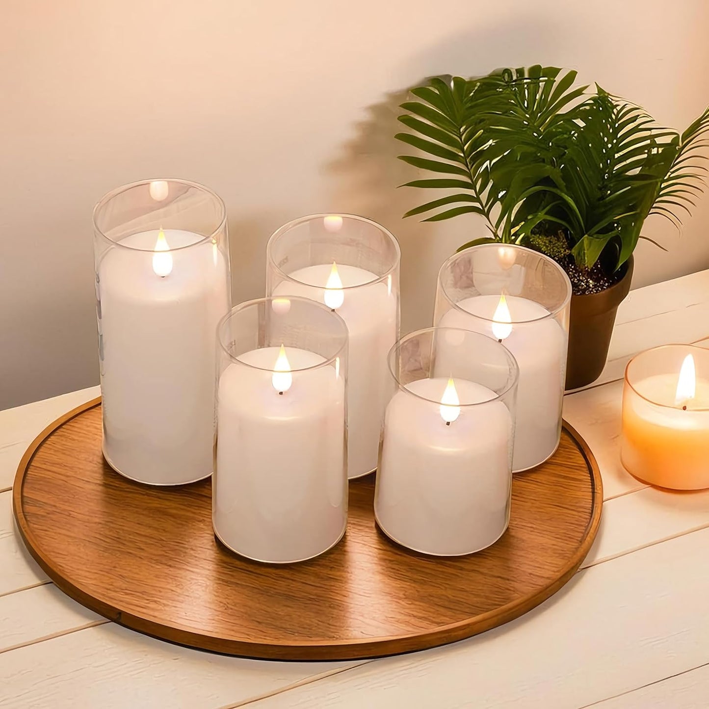 NICEME Pure White Flickering Flameless Candles, Battery Operated Acrylic LED Pillar Candles with Remote Control and Timer, Set of 5