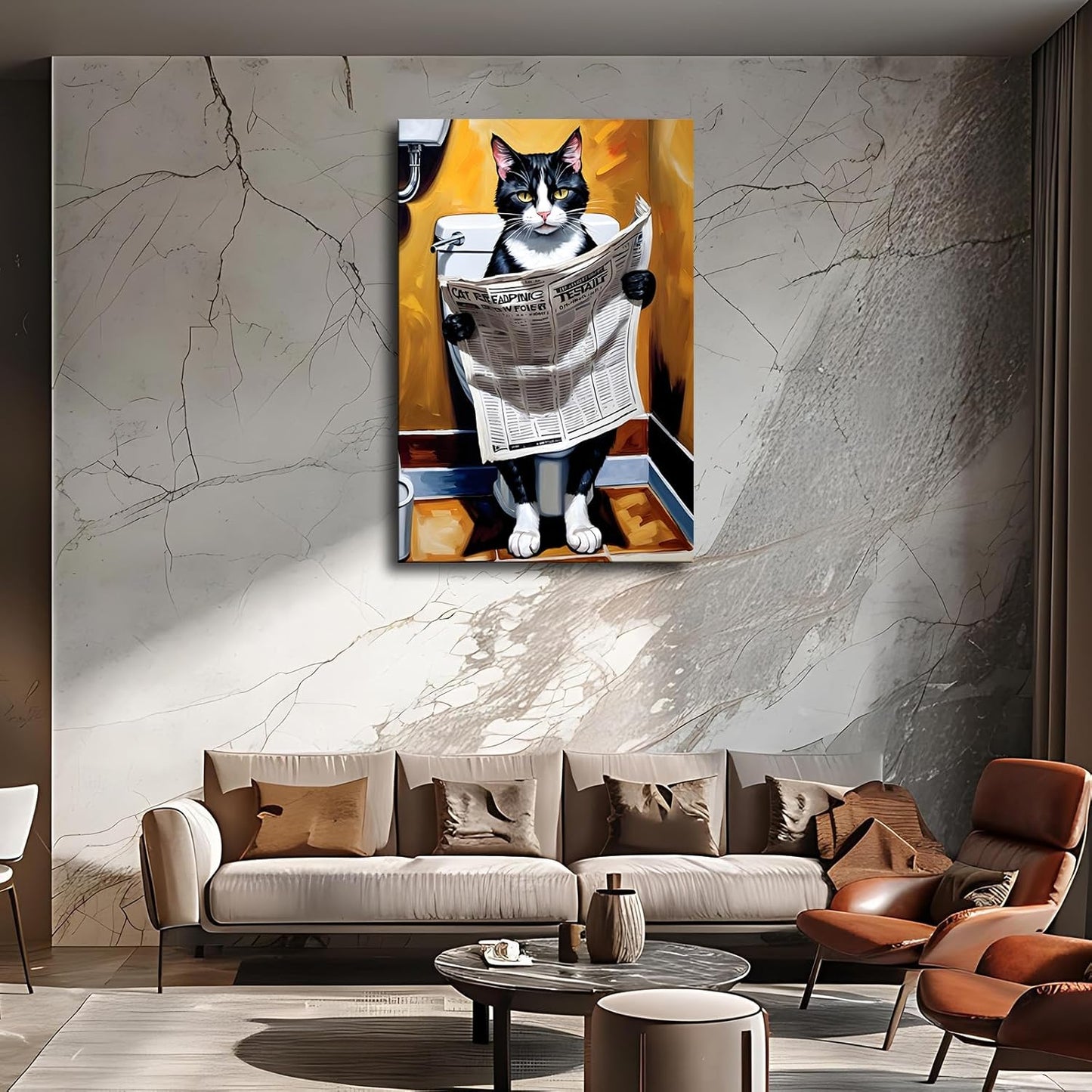 Cat Reading Newspaper in Toilet Poster Wall Decor Wall Art Printing Picture Canvas Living Room Decor Painting Framed and Unframed. (16x24inch-No Framed)