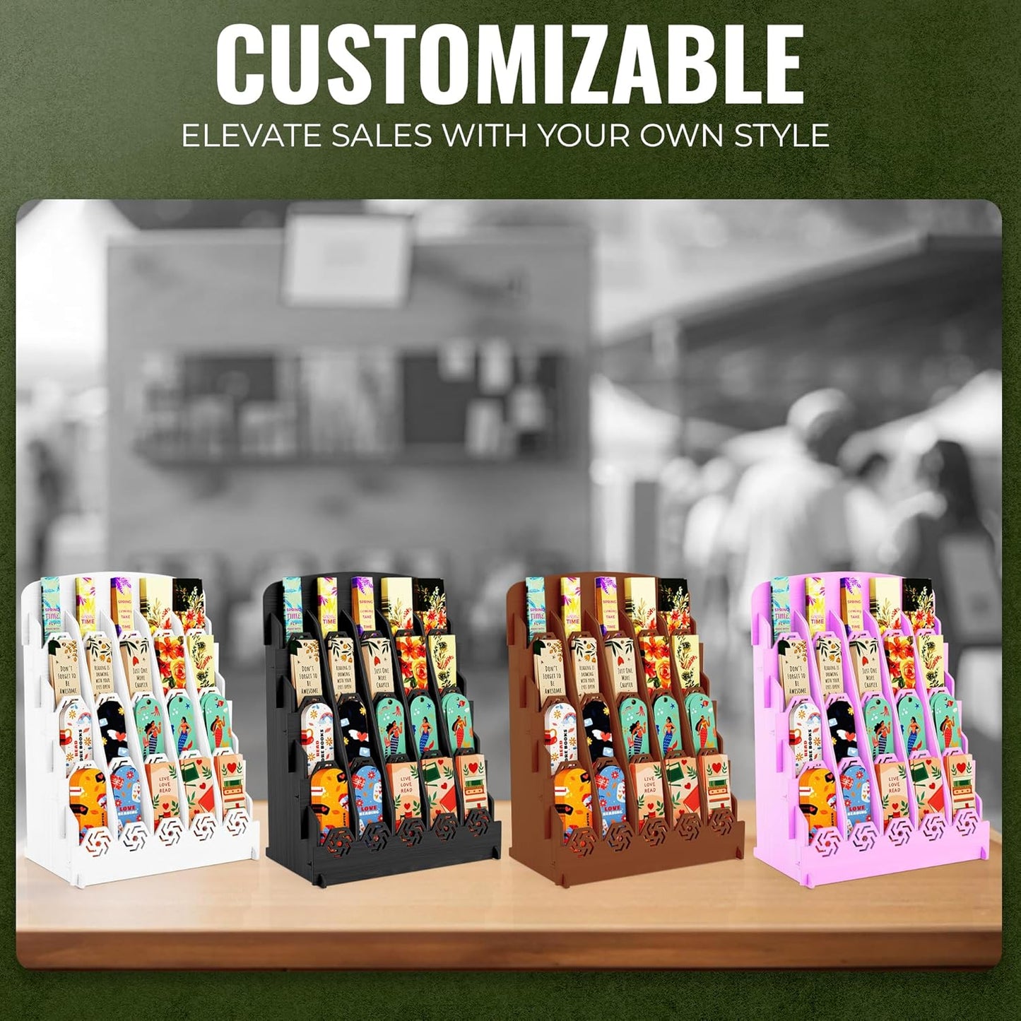 Bookmark Display Stand for Vendors – Wooden Bookmark Holder Display with Customizable Space, Mobile-Friendly Design – Versatile Holder for Craft Fairs, Vendor Booths, and Shops, 20 Pocket