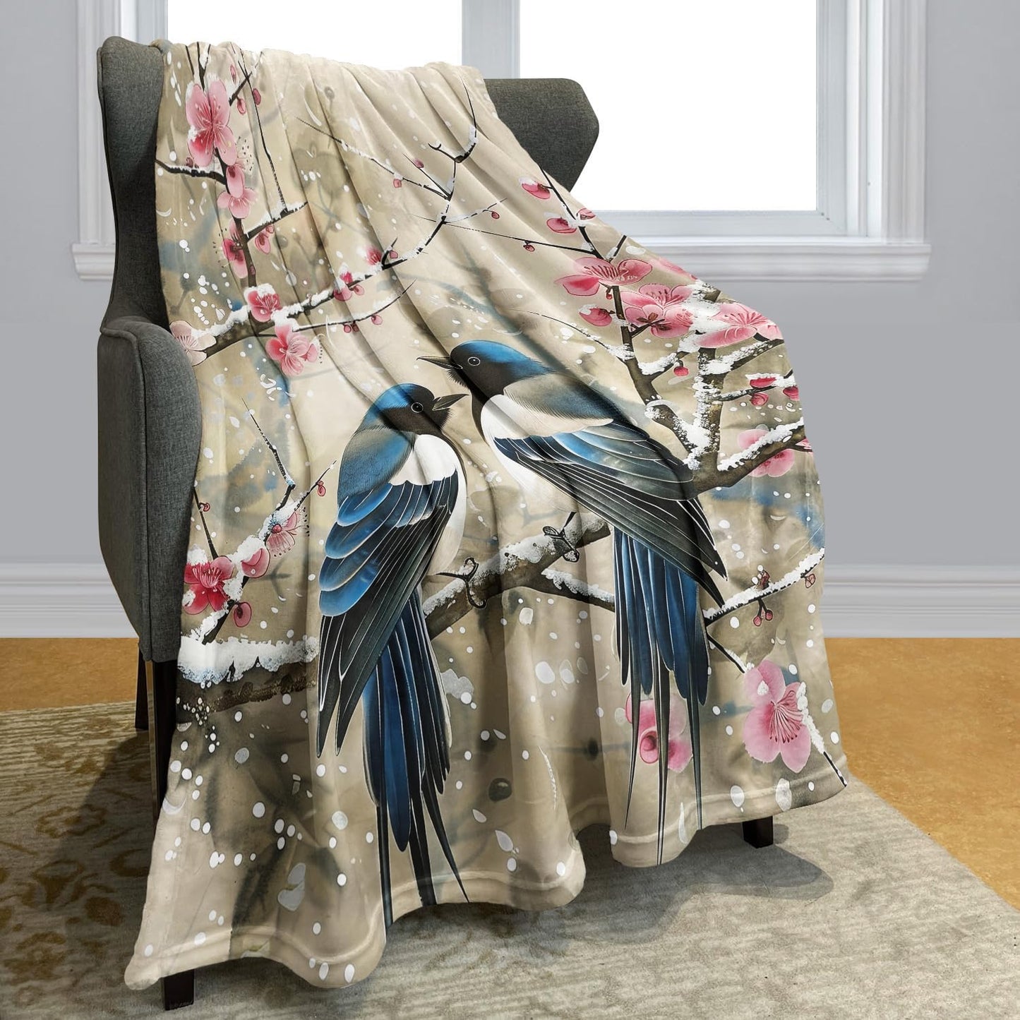 Plum Blossoms & Magpies Blanket, Traditional Art Home Decor, Super Soft Fleece Throw Blankets for Couch Sofa Bed, 50" x 60"
