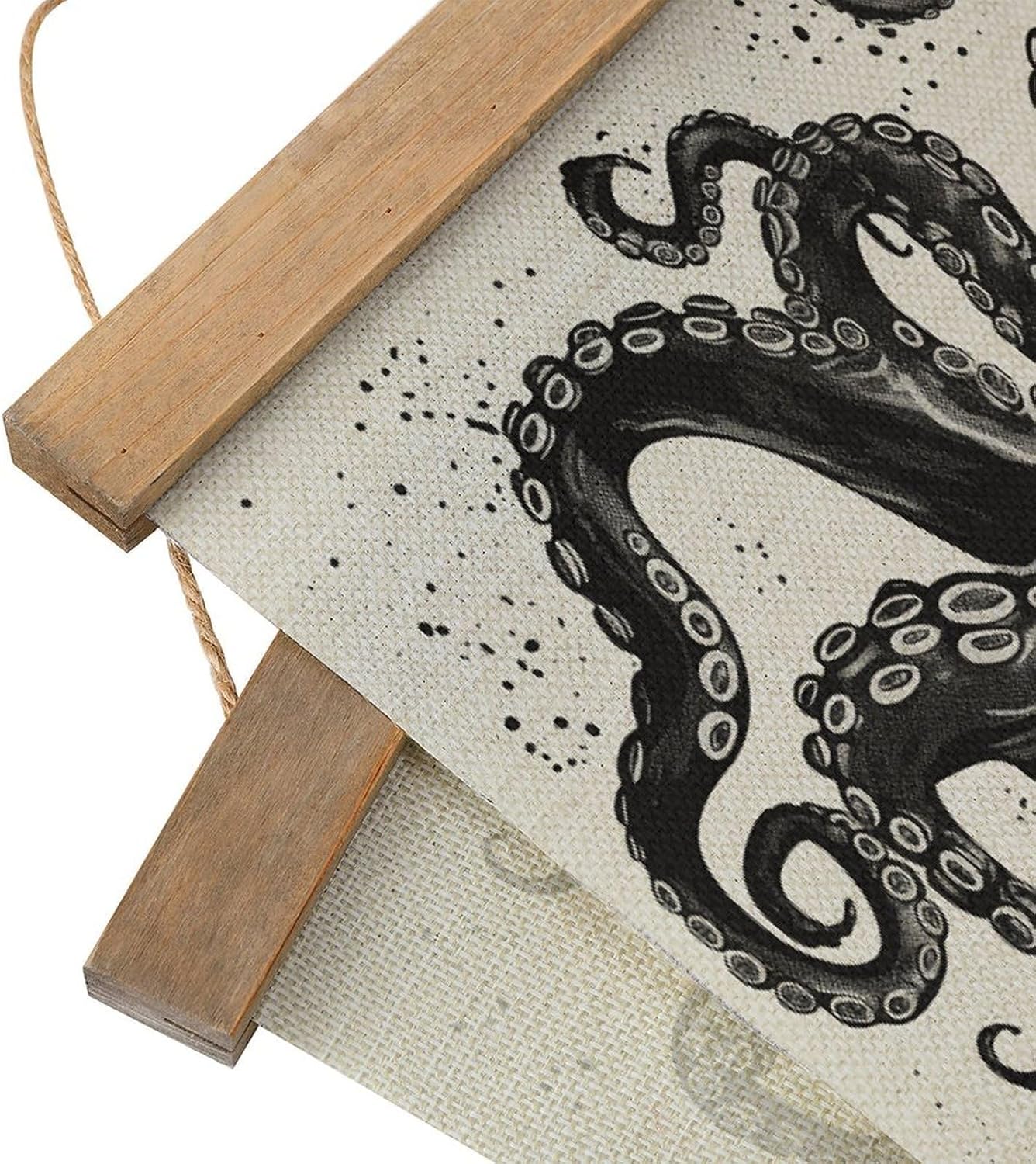 Vintage Classic Black Octopus Poster with Wooden Frame Personalized Linen Hanging Scroll Painting Rustic Wall Hanging Illustrative Modern Artwork Decor for Home Living Room Bedroom Office