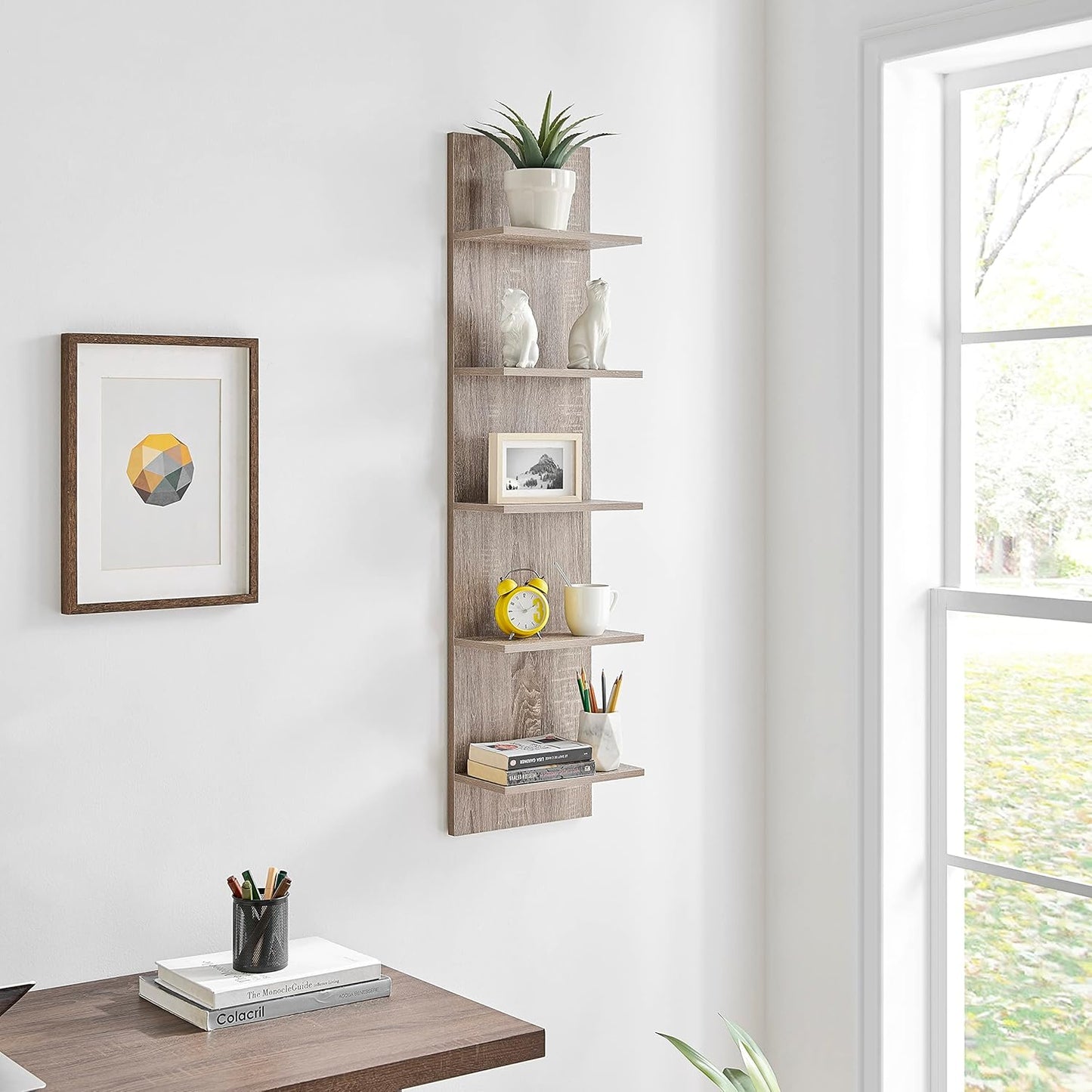 Danya B. Narrow Decorative Wall Mount Vertical Shelving Unit – Modern Column with 5 Shelves Home or Office for Books, Décor Display (Oak)